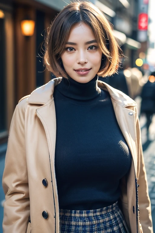 8k,  RAW Photos, Best Quality, masterpiece, Realistic,  Photorealistic, (1 Ultimate Beauty), middle aged,  high-definition face , (Perfect Teeth), Detailed eyes, double eyelid, eyelash, Grin, Lip details, Blonde Bob, Big Breasts, ( long turtleneck sweater), (( Brown Miniskirt )), ((Wearing a blue down coat)),  cowboy shot, Koen-dori in Tokyo, Soft light, ((written border depth)) 