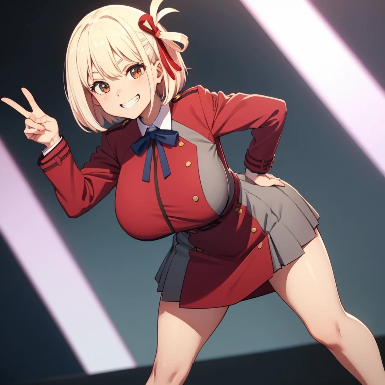 High Quality, Masterpiece, 1girl, nishikigi chisato, yellow hair, bob cut, hair ribbon, lycoris uniform, two-tone dress, huge breast, thick legs, red dress, grey dress, neck ribbon, long sleeves, double v, seductive smile, grin, leaning forward, thighight, hands on hip