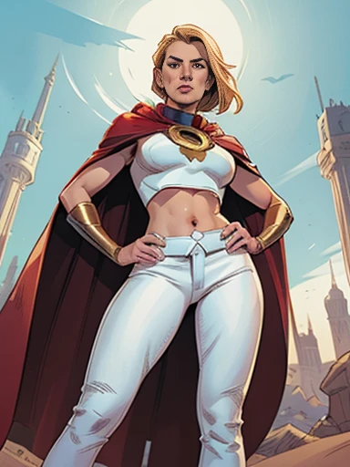 cinematic. (((a comic style, CARTOON ART))).  Emma Frost posing for photo  (((in epic heroic pose ))) ,  wearing her iconic X-Men uniform , showing the belly,  , (( Wearing white pants and cape )) . (((Warm body, camel&#39;s feet))). (((( Abstract comic book background )))) ,  vivid colors , detailed, detailed face,  realistic and shiny shadows , shining.