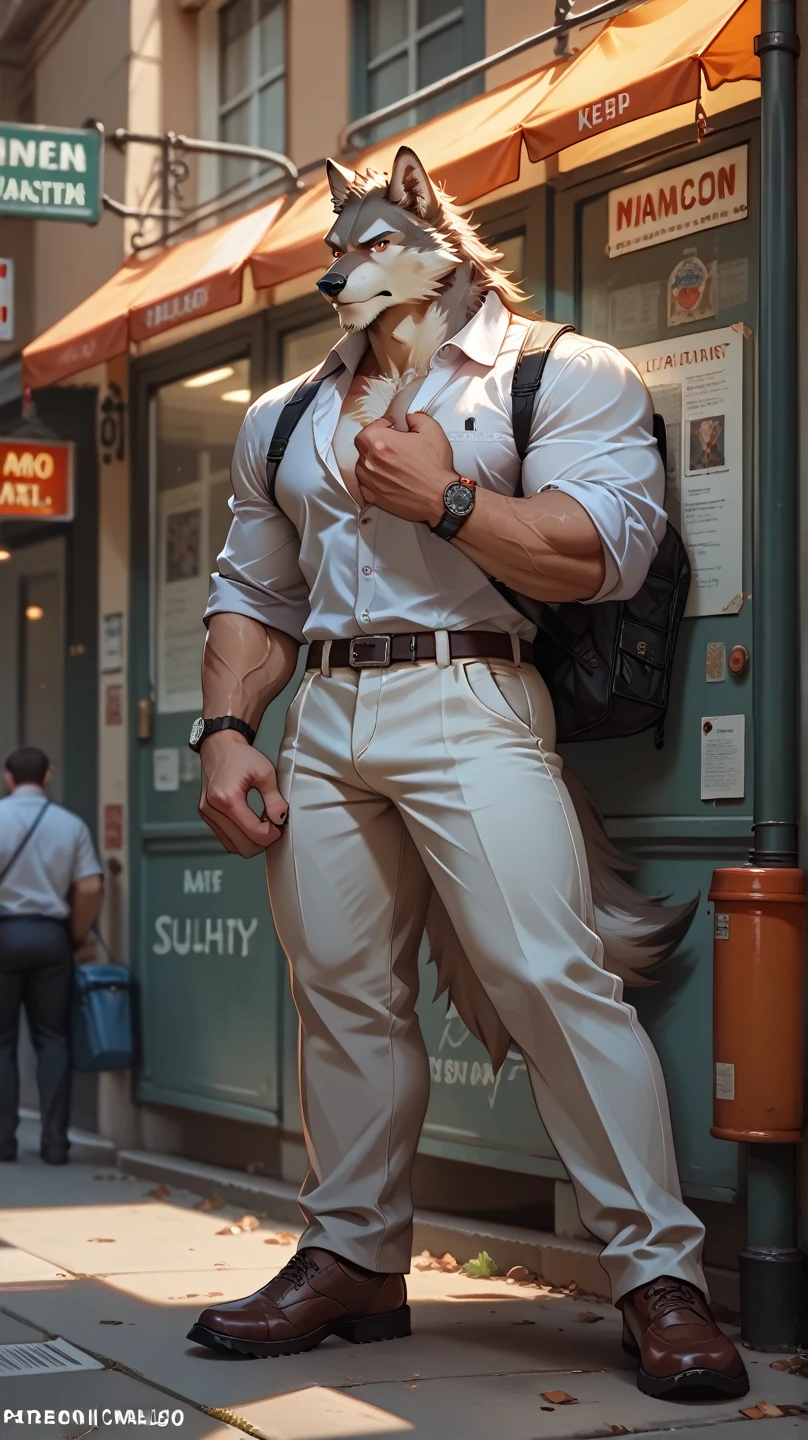 best quality,  masterpiece ,  Ultra-high resolution ,  detailed bottom , realistic, real shadow and light,  depth of field ,  looking at the observer , strong arm and veins , Close up,  there is a male gray wolf ,  dress shirt,  anthropomorphic , muscular chest,  highly detailed full body, strong and imposing,  detailed full body ,  Muscular character, Detailed Body, macho pose, detailed body,  dress shirt branca, huge groin, body hair,  red face , cora, standing on the sidewalk, older, elder, barba, here, erection under pants, white pants, close up.