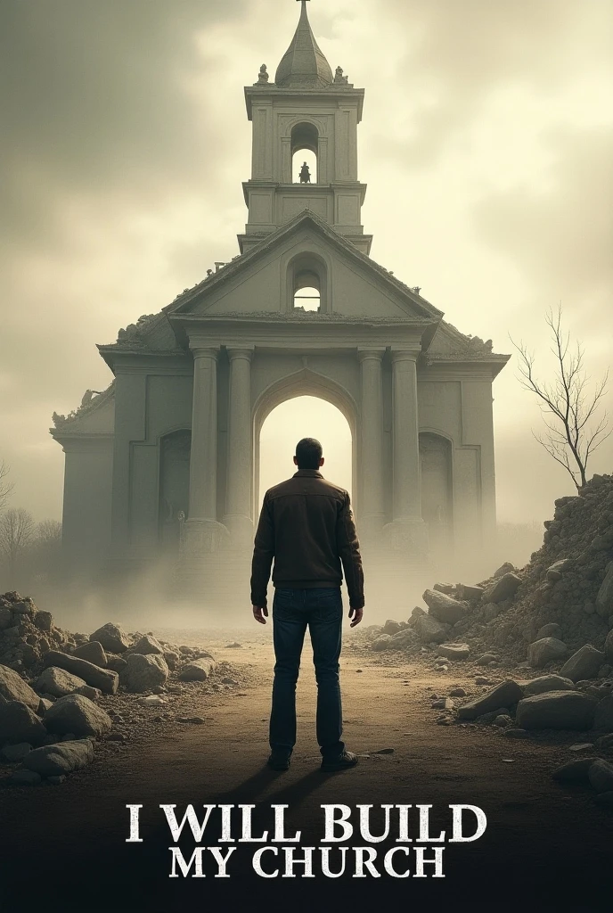 image of a movie cover tiltled I WILL BUILD MY CHURCH... a man standing infront of destroyed church building 