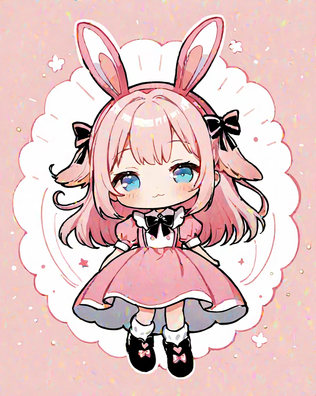 1girl, long pink hair, hot pink bunny ears, cute, closed eyes, puffy white and pink dress, white back hair bow, puffy sleeves, white leg warmers, black Mary jane shoes, bunny whiskers, blue eyes, solo