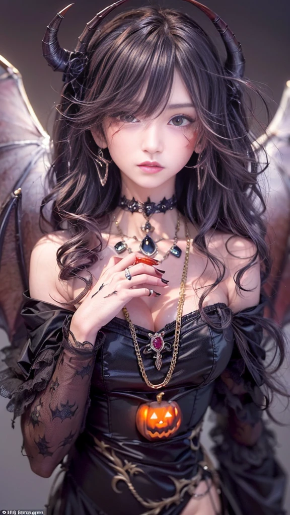 ((32K:1.9, Dark fantasy:1.9,   Horror Portrait  ,  Best Quality , masterpiece,  ultra high resolution)),   perfect dynamic composition:1.3, chaos, Dark Background:1.3,   Dark Demon World  , (Wear   elegant jewelry:1.4),   very detailed  な肌と顔の質感:1.3, Very accurate,   very detailed , ((  sexy:1.3,  Devil's Dirty Devil Has Big Wings:1.4,    Beautiful and Aesthetic :1.3)), Horn,   white skin, Sensual posture, ( Sensual Big Eyes  , feel the   EXCITING   caress,  please open your mouth slightly , lipstick,   Feel the Eroticism  :0.9,   sexyすぎる:0.9, charm的な:0.9), ((Bloody:1.5, Covered in scars:1.5,   Halloween  :1.3,    trick or treat  , Lots of bats,   lots of pumpkins  :1.4)),  Super Long Curly Hair ,   earrings with cups ,  necklace ,   bracelet,  Countless Chains Tangled in Clothes ,   Romantic  , Mysterious,   elegant, Object of praise, original, dramatic, Artistic, Innovative, charm, Heartful, Nice, sense of openness,  sense of cleanliness , Special,   EXCITING  , grotesque, Extreme, sense of loss, sorrow, sorrowの表現, (((サキュバスのcharm, 女性的なcharm)))