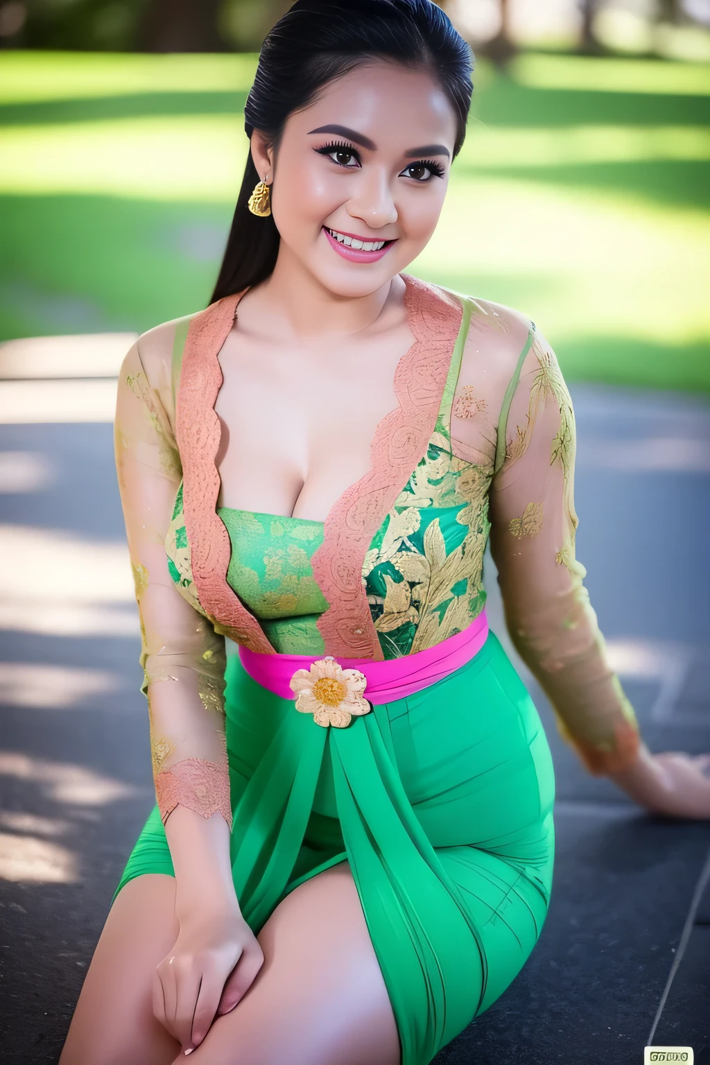 1girl, (green_kebaya_bali), (kebaya_bali), flower, sunlight, sitting, nature, outdoors, detailed face, detailed eyes, huge breasts, shiny skin, looking at the audience, (laughing cute: 1.2), (happy), (8k, RAW photo, best quality, masterpiece: 1.2), (realistic, realistic: 1.37), ultra-high resolution