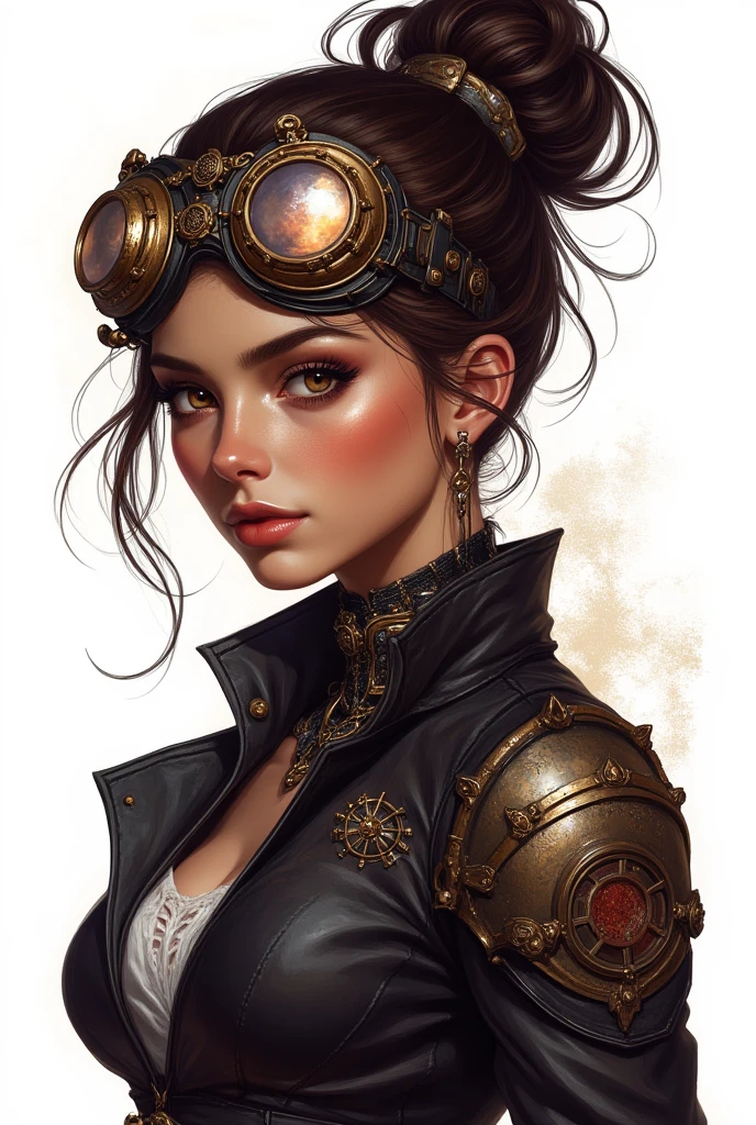 half body portrait of a steampunk young woman, 20 years old. beautiful realistic eyes; fantastic face, Caucasian, beautiful look, leather jacket, Michael Garmash, Daniel F Gerhartz, Storybook style, warm dreamy lighting, white background, volumetric lighting, pulp adventure style, fluid acrylic, dynamic gradients, vivid color, illustration, highly detailed vector curves, simple, smooth and clean, vector art, smooth, Johan Grenier, character design, 3d shading, cinematic, ornate patterns, elegant organic framing, hyperrealism, posterized, collection of masterpieces, lush vivid colors, twilight, wet gouache