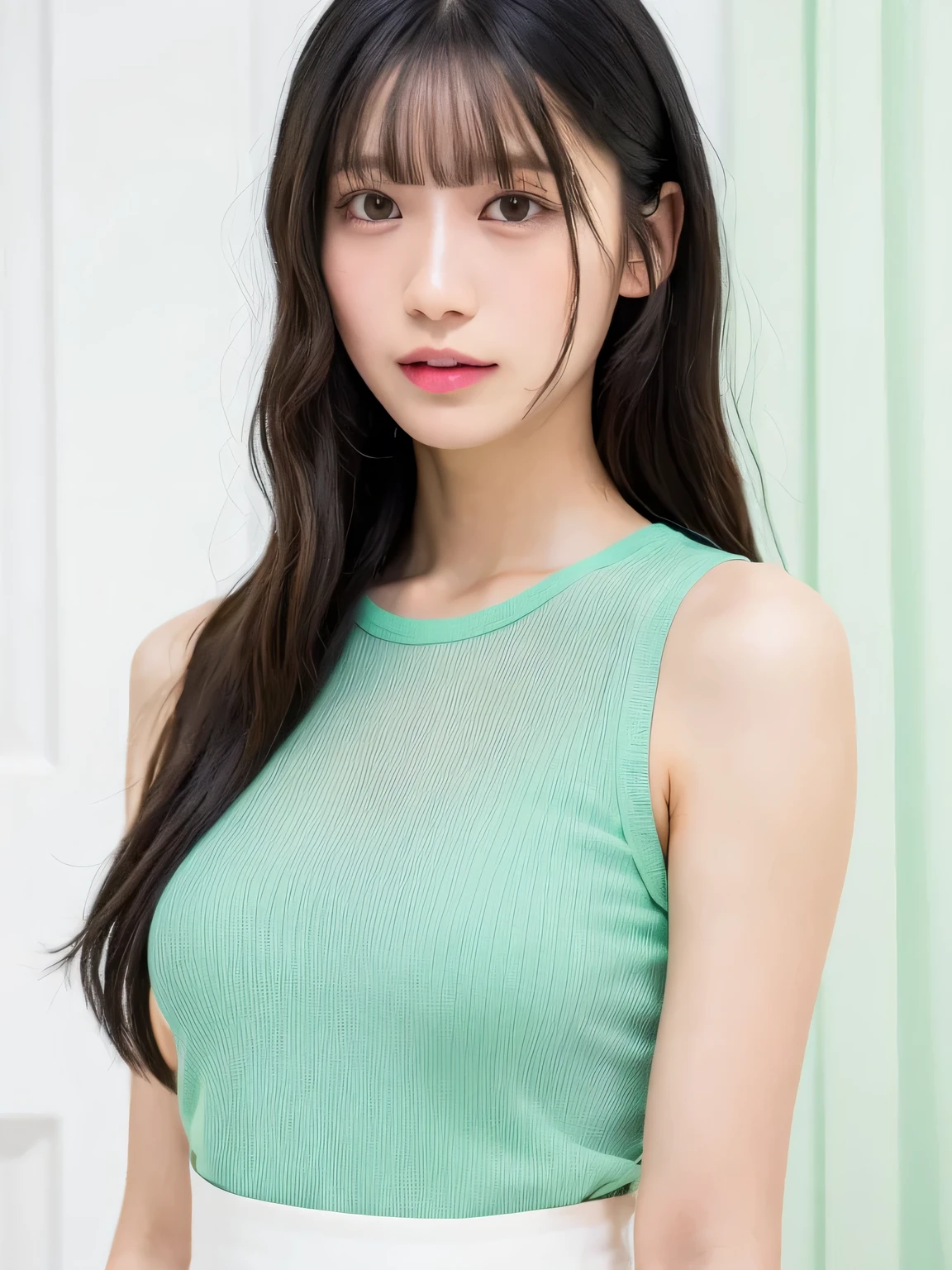 See-through tops、(、Part of her clothes is Mint green:1.4)、white wall、Taken in front of the white door、((highest quality、8k、masterpiece:1.3))、ultra high resolution、(photorealistic:1.4)、raw photos、Japanese,(details face)、real、Shot in natural light、Highly detailed face and skin texture、highly detailed lips、correct state of the human body、medium hair、black hair、various poses、Natural Color Lip, on traffic city