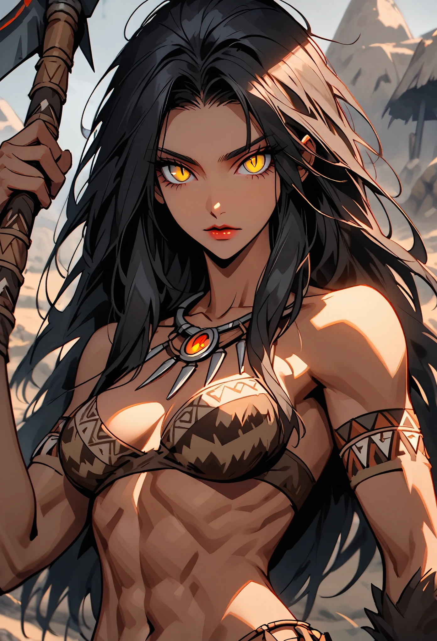 solo, woman, very tall, broad shoulders, fit, slender, long black hair, cavewoman, prehistoric, large clawed hands, medium breasts, prehistoric settlement, toned, abs, close up, slit pupils, yellow eyes, barbarian, pelt clothes, lots of tribal ornaments, looking at viewer, crude clothes, holding spear