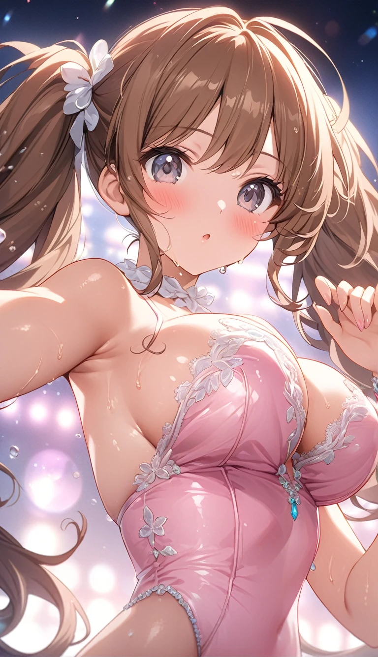 （a twintail hair:1.1）shiny skin,delicate depiction,Depiction of light,Wet skin sensation、Breast-enhancing composition 、Glitter leotard with an emphasis on delicate embroidery 、Sweat splashes、Very Delicate Depiction of Hair 、 focus on the upper body 、Accentuate big breasts、 pastel pink leotard with very delicate embroidery、Extremely Clear Lingerie 、Light colored lingerie 、（ composition focusing on the subject from directly below:1.8）、（ dynamic poses:1.9）、(masterpiece, Best Quality),  so beautiful, Absurd, extremely  Details CG unity 8k wallpaper,  Spane Illustration, ( Details_face:1.2),  one girl, Long cream brown hair , Big Breasts, (Glamorous expression), gray eyes, Anime Style 4k,   ,  Anime Moe Art Style ,  Anime Art Wallpaper 4K,  High Quality Anime Art Style ,  anime style portrait  ,  Familiar with Digital Anime Art ,  anime art wallpaper 8K ,  Cute Anime Girl Portrait , Particles of light、whole body, BREAK Depth of written boundary, Perfect hands, nice refer tos, 5_refer to, 4_refer to,1_親refer to,