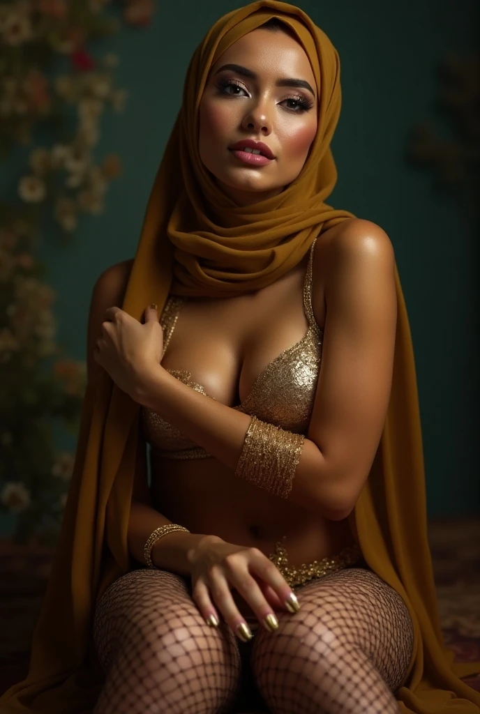 RAW, Best quality, high resolution, masterpiece: 1.3), Naked Muslim Woman (iu:0.8), Best quality, high resolution, Masterpiece: 1.3, Bare-bodied Muslim Woman, Masterpiece, Intense gaze, Realistic, 1woman, Expressive eyes, Radiant eyes, Parted lips, Slim figure, Nude Muslim Lady, Full-length, Aesthetics of the female form, Desert background, Open doorway, Masterfully crafted details, Mature woman, Intricate henna tattoos, Elegant and simple jewelry, Cultural significance, Sensitivity, Respectful depiction, Subtle lighting, Soft shadows