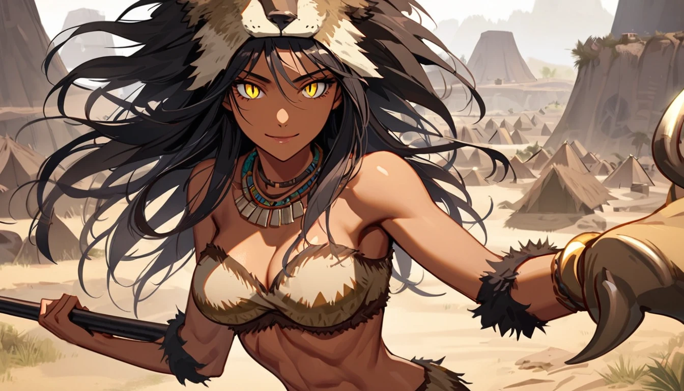 solo, woman, very tall, broad shoulders, fit, slender, long black hair, cavewoman, prehistoric, large claw hands, medium breasts, prehistoric settlement, toned, abs, close up, slit pupils, yellow eyes, barbarian, pelt clothes, lots of tribal ornaments, looking at viewer, crude clothes, holding spear, confident smile