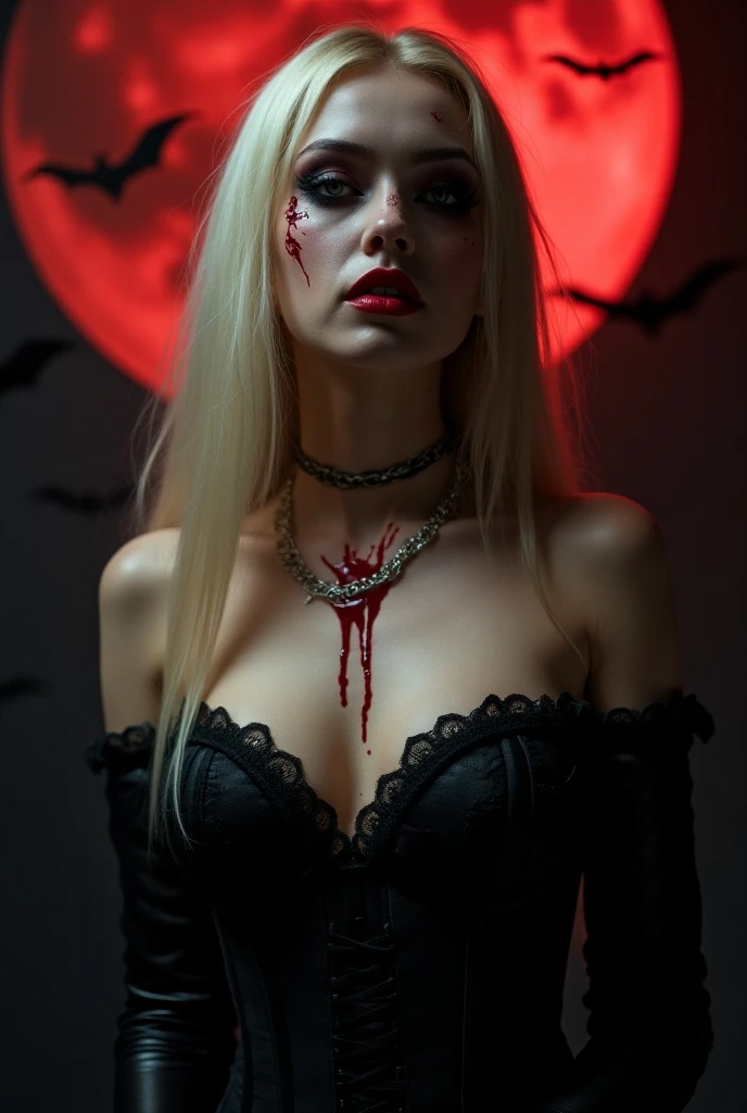 A supercute blonde model, clad in a zombie-style outfit, poses for a 8k ultra realistic photograph. Her long, wavy blonde hair cascades down her shoulders, styled with messy, disheveled texture to fit the undead theme. Her sparkling blue eyes are accentuated by heavy, dark makeup, and her lips are painted a bold, red hue. Her body is slender, with curves in all the right places, adding to her cuteness. Her clothing is torn and tattered, revealing underlying detail at every fold and rip. The intricately designed zombie outfit covers her in intricate detail, with subtle textures and realistic skin tone. The background