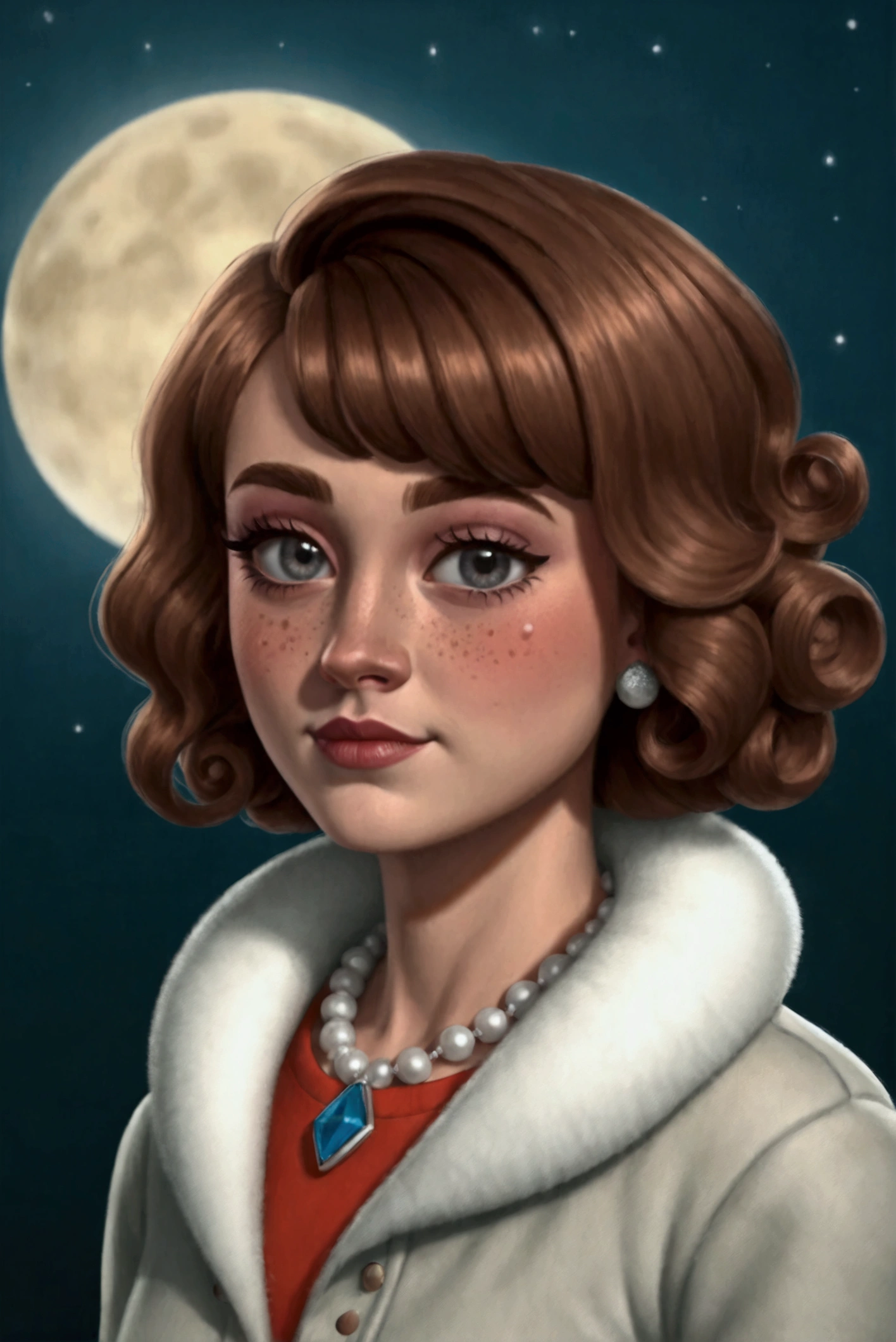 A character 19 years old Gloria Green , gloria as high cheekbones, downturned eyes,full upper and lower lashes, diamond shaped head,full upper lip,small lowerlip, big grey eyes, pointed nose , freckless , a mole under her left eye, she as rosy cheeks, her hair is blond with blue streaked , she is white, she is from florida,she is wearing a crop fur jacket,a short blue chiffon dress , her hair is packed in styled in wavy curls, she is wearing a moon shaped ear ring on her left ear and a sun shaped earing on her right ear , she is wearing a pearl necklace. Her favorite phrase is Go figures , let this be a character please