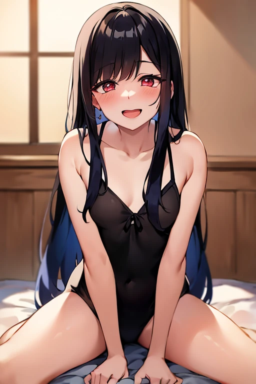 evil smile,heart-Shaped Pupils,blush, sweating,heavy breathing,steam,sitting, spread thighs,small breasts,from below, no clothes, NSFW, no pants, no underwear, , small breasts, pussy, sweaty, Small, short, tiny, wet, no shirt, flat chests, Disheveled, messy dark blue long hair, cute glasses, dark blue eyes, dark blue
