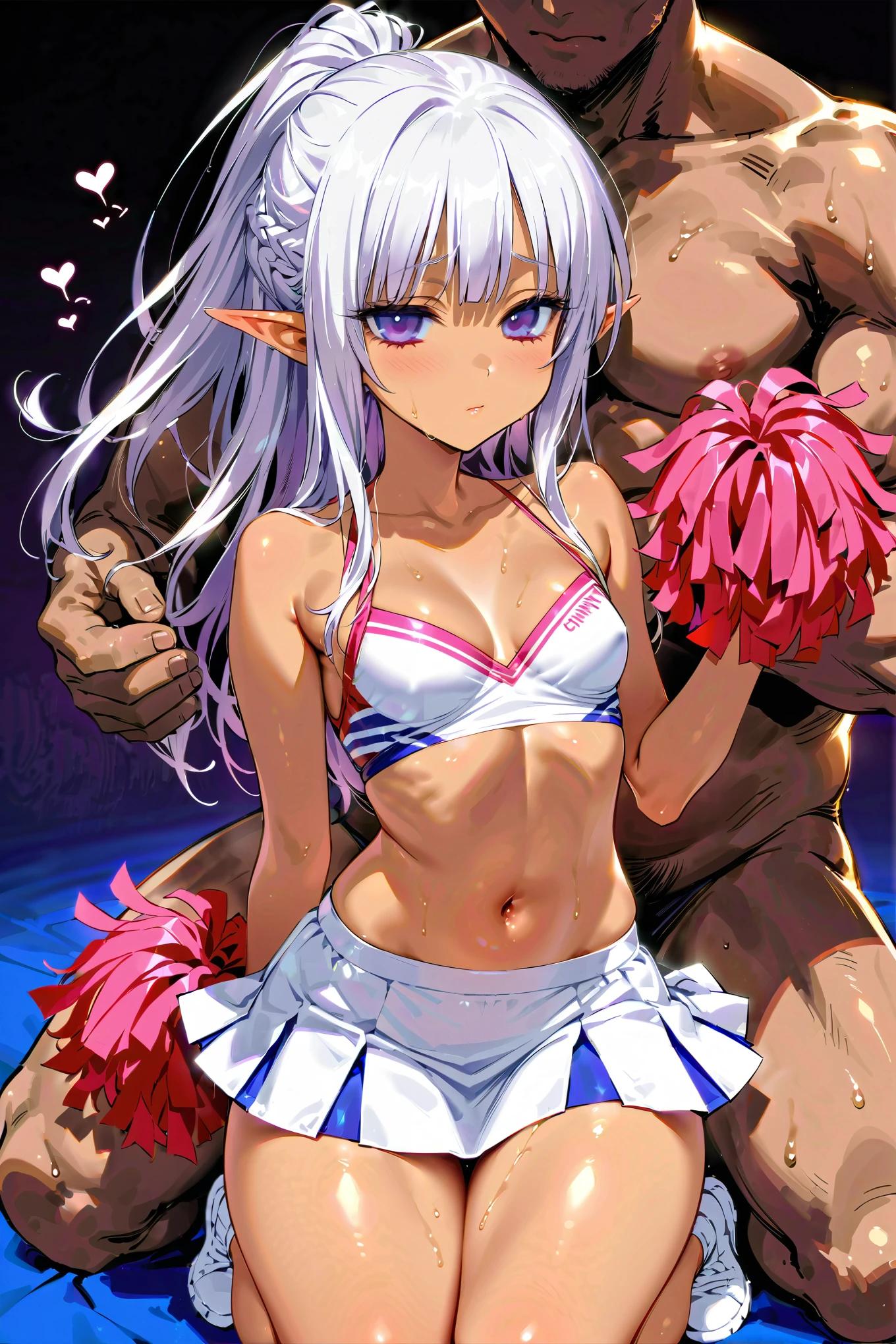 Beautiful girl being held by a thick man's arms, cowboy shot, kneeling,  Dark Skin Silver Haired Elf 、 Cheerleader Outfit, small breasts、Thick thighs、 simple background、heart, nsfw,  Hollow Eyes、(glistening skin), (oily skin), (shiny skin),(half closed eyes), 