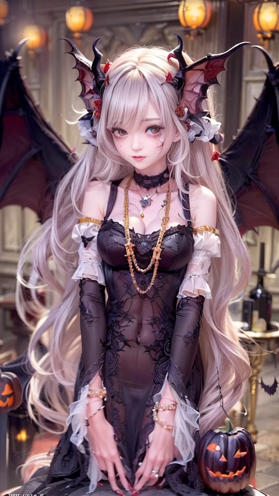 ((32K:1.9, Dark fantasy:1.9,   Horror Portrait  ,  Best Quality , masterpiece,  ultra high resolution)),   perfect dynamic composition:1.3, chaos, Dark Background:1.3,   Dark Demon World  , (Wear   elegant jewelry:1.4),   very detailed  な肌と顔の質感:1.3, Very accurate,   very detailed , ((  sexy:1.3,  Devil's Dirty Devil Has Big Wings:1.4,    Beautiful and Aesthetic :1.3)), Horn,   white skin, Sensual posture, ( Sensual Big Eyes  , feel the   EXCITING   caress,  please open your mouth slightly , lipstick,   Feel the Eroticism  :0.9,   sexyすぎる:0.9, charm的な:0.9), ((Bloody:1.5, Covered in scars:1.5,   Halloween  :1.3,    trick or treat  , Lots of bats,   lots of pumpkins  :1.4)),  Super Long Curly Hair ,   earrings with cups ,  necklace ,   bracelet,  Countless Chains Tangled in Clothes ,   Romantic  , Mysterious,   elegant, Object of praise, original, dramatic, Artistic, Innovative, charm, Heartful, Nice, sense of openness,  sense of cleanliness , Special,   EXCITING  , grotesque, Extreme, sense of loss, sorrow, sorrowの表現, (((サキュバスのcharm, 女性的なcharm)))