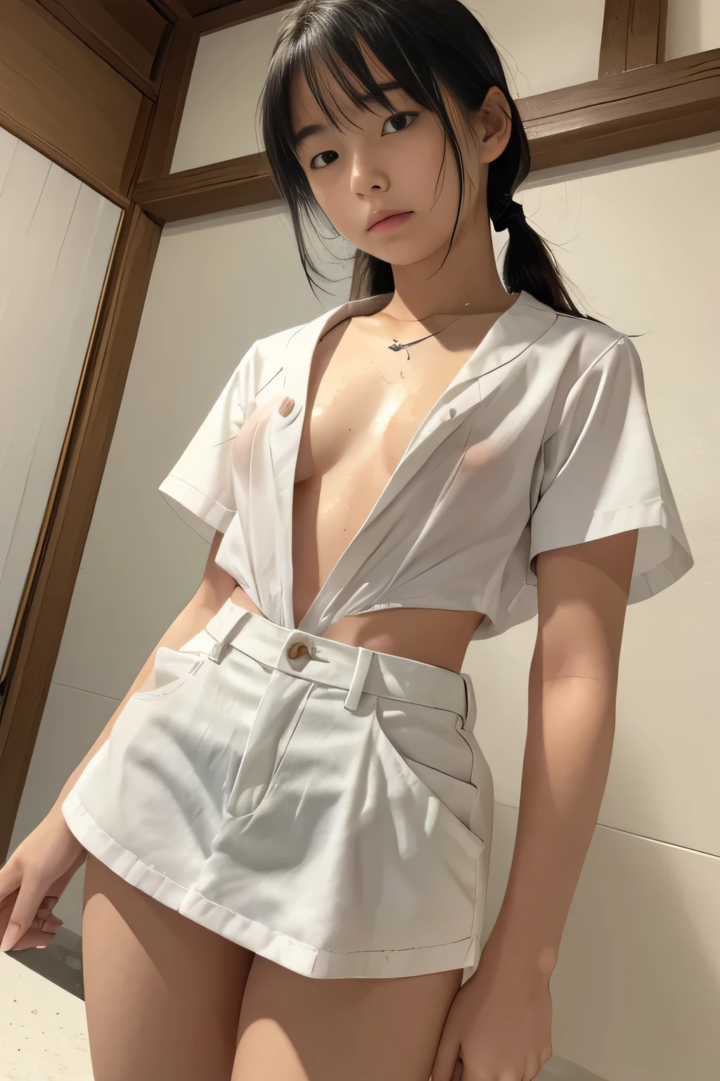 （woman：1.1），(masterpiece), Realistic,  Best Quality， girl、   Japanese female   、 wears only the white cut and sew top 、 is soaked all over、  Her white cut and sew top is wet and 、You can see her body from there 、Hard nipples、 small breasts、  flat chest