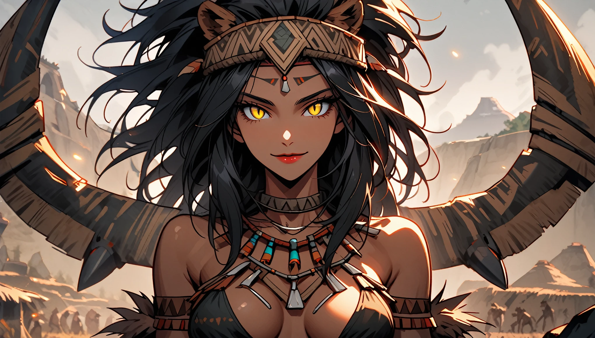 solo, woman, very tall, broad shoulders, fit, slender, long black hair, cavewoman, prehistoric, large claw hands, medium breasts, prehistoric settlement, toned, abs, close up, slit pupils, yellow eyes, barbarian, pelt clothes, lots of tribal ornaments, looking at viewer, crude clothes, holding spear, confident smile, lion woman