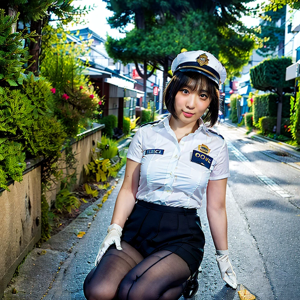 masterpiece, (Best Quality),  bright color ,Natural Light ,  written in chalk on the road and has perfect proportions, beautiful,  detail face , (Perfect Eyes:1.1) ,( photorealistic:1.1), Outdoor,  simple background, Syska, Alone,  short hair, Police Cap Core, blue eyes ,  miniskirt in length, shirt, Black Hair ,  hair ornament , white shirt, Short sleeve, Hair Clip, mole, uniform, Armband, police, police uniform, policewoman,  Black pencil skirt,  pantyhose,  black heels , White gloves, On the streets of a busy downtown area、Kneeling、It's tied behind 、