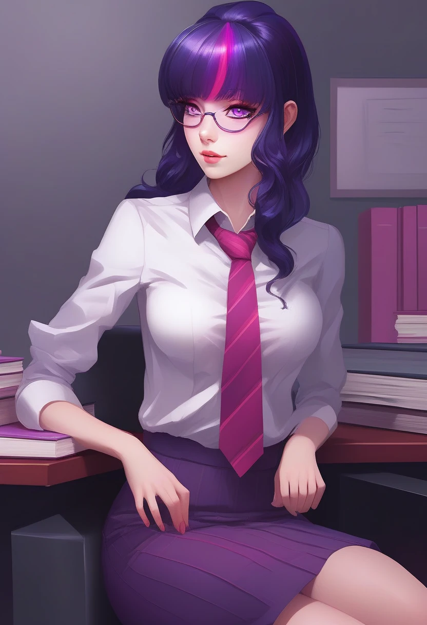 a [cute|stunning] anime [woman|girl] twiggy as business lady in an office, purple eyes, purple hair with a pink stripe, vibrant colors, gorgeous, majestic, (art by Alena Aenami), (art by Beeple), (art by clive barker), professional, intricate detail, countershading, beautiful, Refined, trending on pixiv, keyart, denoise, sharp focus ~*~aesthetic~*~, *~cinematic~*~ (masterpiece, top quality, best quality, official art, beautiful and aesthetic:1.2), (1girl), extremely detailed,(colorful:1.1) highest detailed, 2D, waifu