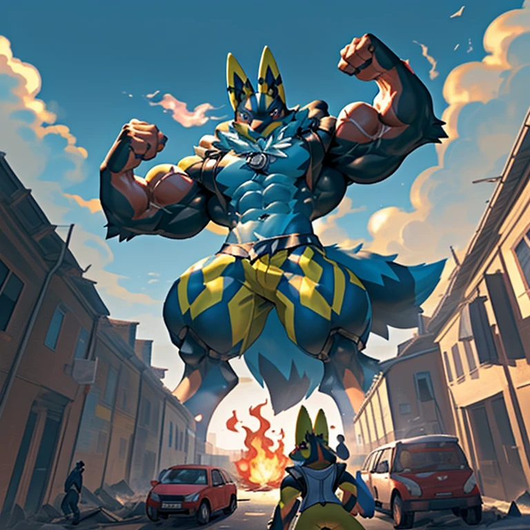 (masterpiece. official art. 8k. best quality. detailed full body. full body.)

(situation 1 : dominating shiny_mega_lucario. focus GIANT mechanical Muscular shiny_mega_lucario is trampling the CITY. macro. stomp. Low-angle perspective. emphasizing the immense size. The perspective is from below, emphasizing the sheer majesty and power of the Giant. giant art. He is much bigger than a skyscraper. Giga Giants. micro socceeld. looking down.)

(situation 2 :smoke and flames rising from the destruction in the city)

(Additional details 2: (Detailed head. Detailed Body. Detailed abs. gigantic muscles. HYPER MUSCLES. Gigachad Muscular. big muscle. pecs. triceps. traps. unusually developed muscular body. body full of huge muscles. showing off muscles. pectorales enormes. Exaggeratedly huge muscles. huge muscles. long legs.).
