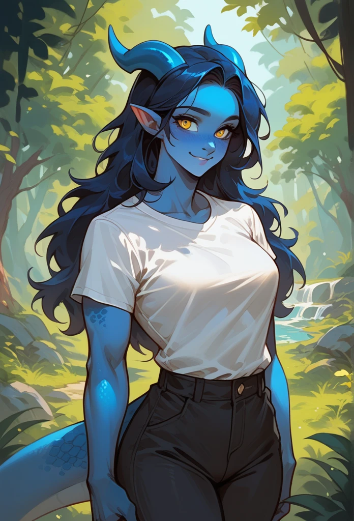 (Cowboy Shot) front facing, Adult female kobold, with long dark blue hair, long hair, yellow eyes, blue scale skin, a small tail and small blue horns, scales, a muscular athletic body, in a white shirt and black pants, in a forest, small smile.