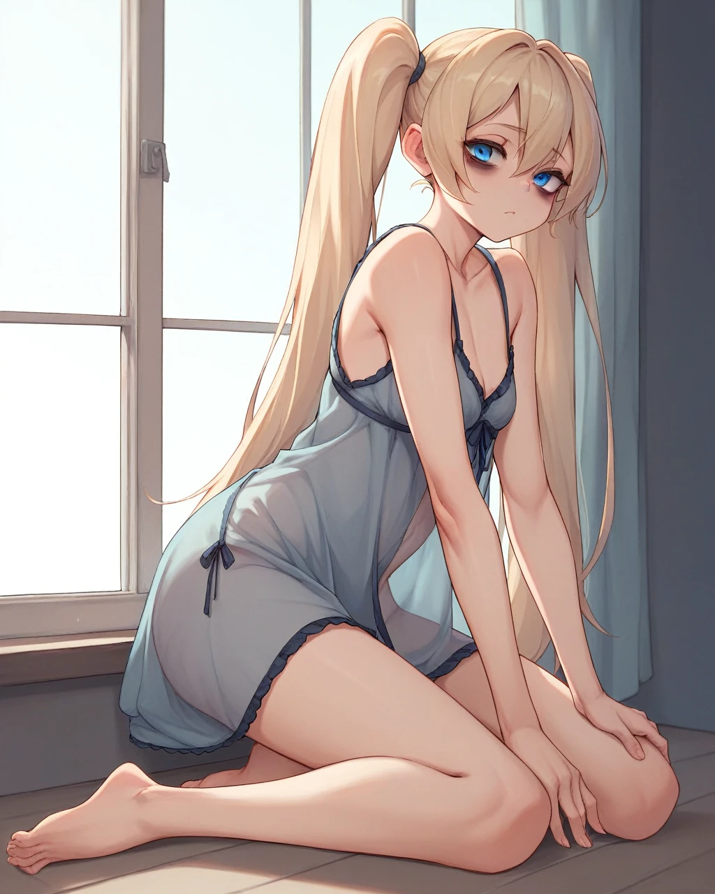 1girl, solo, sitting by a window still, blue eyes, straight face, fleece nightgown, barefoot, long blonde hair, pigtails, bags and dark circles under eyes