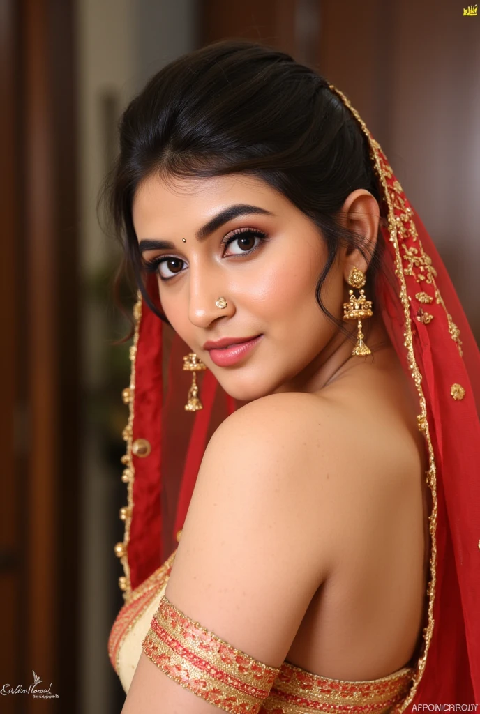 (masterpiece, best quality:1.2), sreeleela5, undressing blouse, nude, breasts visible, nsfw, 1girl, solo, stunning beauty, sexy indian, nude, professional nude photography, small breasts, body facing camera, ear ring, nose ring, wearing bangles, necklace, navel ring, wearing red transparent bridal veil, nipples visible through veil, no blouse, nude, breasts visible, showing breasts, standing near home entrance door