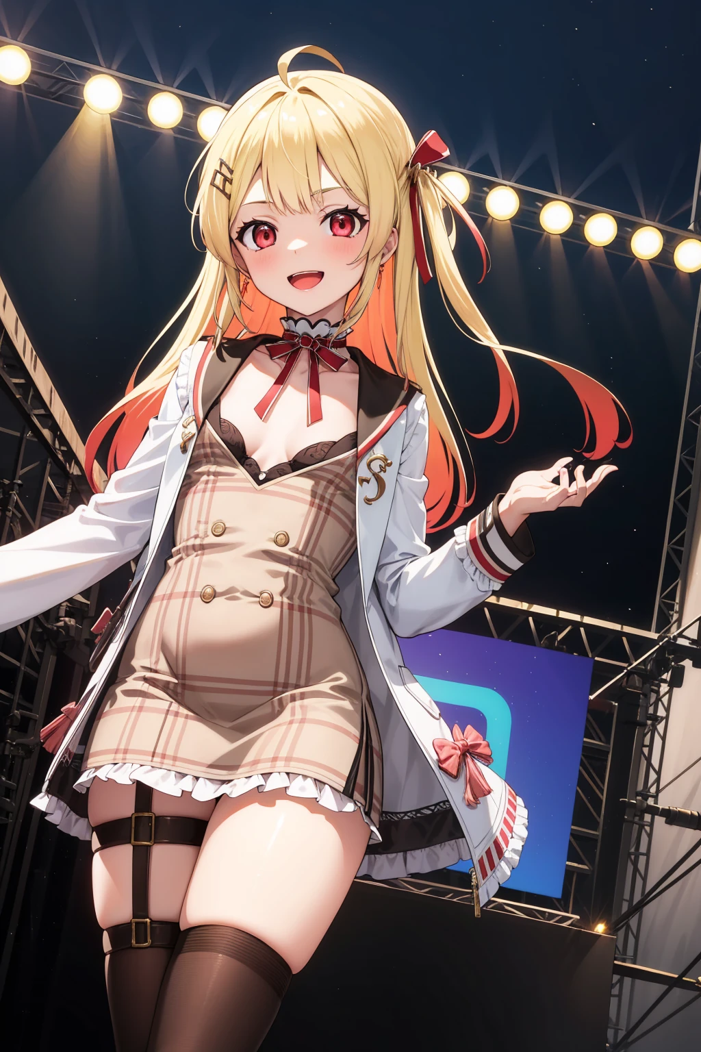 Portrait, official art, best masterpiece, best quality, best resolution, 8K, best detailed, perfect anatomy, Dutch Angle, looking at viewe
BREAK
cowboy shot, Singing, head tilt
BREAK
kanadeyj, blond hair, long hair, one side up, hair ribbon, hair ornament, ahoge, red eyes, neck ribbon, red ribbon, brown dress, white jacket, open clothes, long sleeves, thigh strap, black thighhighs, barefoot, (medium breasts:1.2), (12yaer_old, small girl, little_girl, short stature:1.3)
BREAK
smile, full of energy
BREAK
Spotlight, indirect lighting, absurd, (Concert, on stage), (Nighttime, dark:1.2), very fine and detailed 16KCG wallpapers