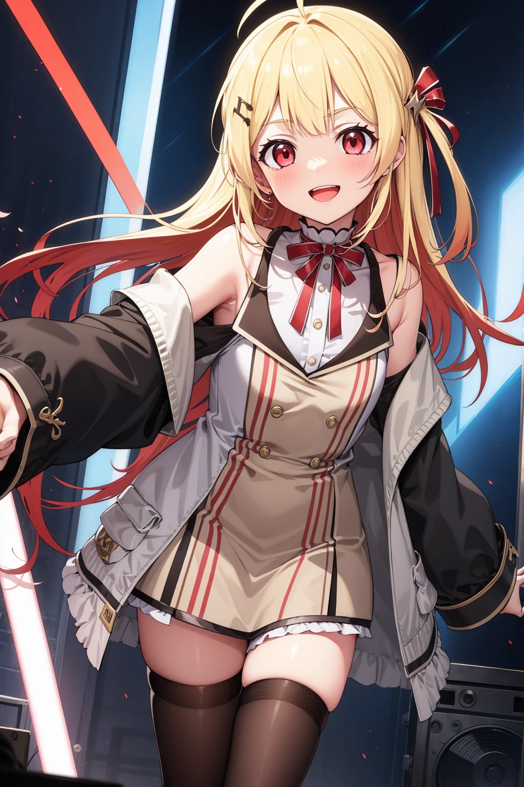 Portrait, official art, best masterpiece, best quality, best resolution, 8K, best detailed, perfect anatomy, Dutch Angle, looking at viewe
BREAK
cowboy shot, Singing, head tilt
BREAK
kanadeyj, blond hair, long hair, one side up, hair ribbon, hair ornament, ahoge, red eyes, neck ribbon, red ribbon, brown dress, white jacket, open clothes, long sleeves, thigh strap, black thighhighs, barefoot, (medium breasts:1.2), (12yaer_old, small girl, little_girl, short stature:1.3)
BREAK
smile, full of energy
BREAK
Spotlight, indirect lighting, absurd, (Concert, on stage), (Nighttime, dark:1.2), very fine and detailed 16KCG wallpapers