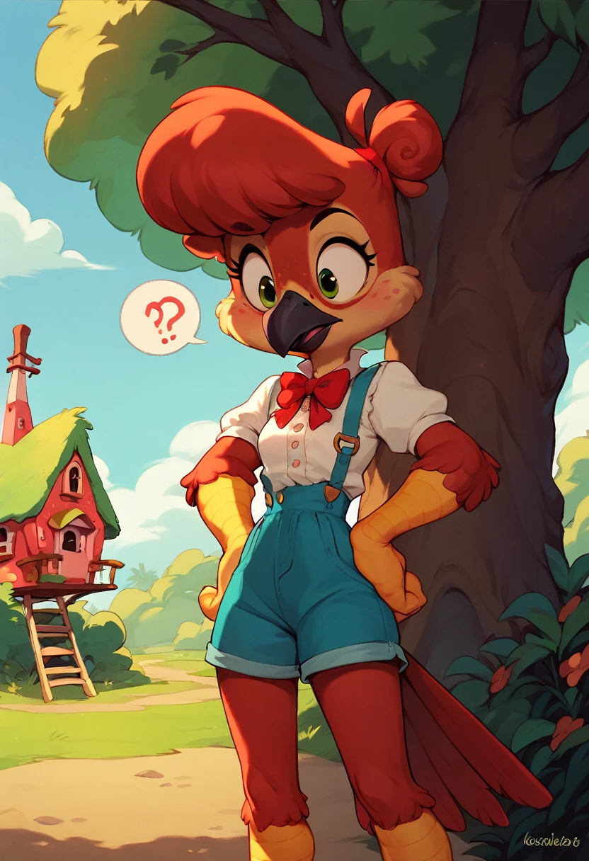 ootwstyle,  score_9, score_8_up, score_7_up, anthro, avian, winnie woodpecker, outdoors, treehouse background, hands on hips, confused