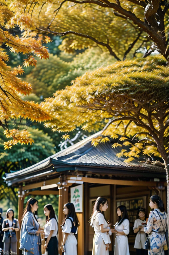 Photo-style.
Culture Day. Autumn Arts Festival.
In front of the museum.
Outdoor exhibits of sculptures and paintings. Maple trees turning red and ginkgo trees turning yellow. A row of food stalls.
Four young, beautiful Japanese women playing string instruments.
A garden that looks like a food court.
People from various countries eating. Broadcast on TV.