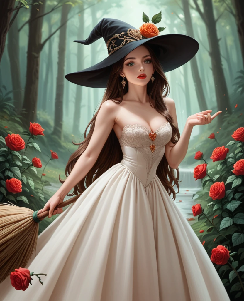 A 24-year-old girl , light skin,  long hair and black brown , red lips, light green eyes, wearing a long dress with a  (color black and orange )  and wearing an elegant witch's hat with red roses on top of the hat and the second of an elegant and magical broom unleashing brilliant magic (orange heart) in a dark and magical forest 
