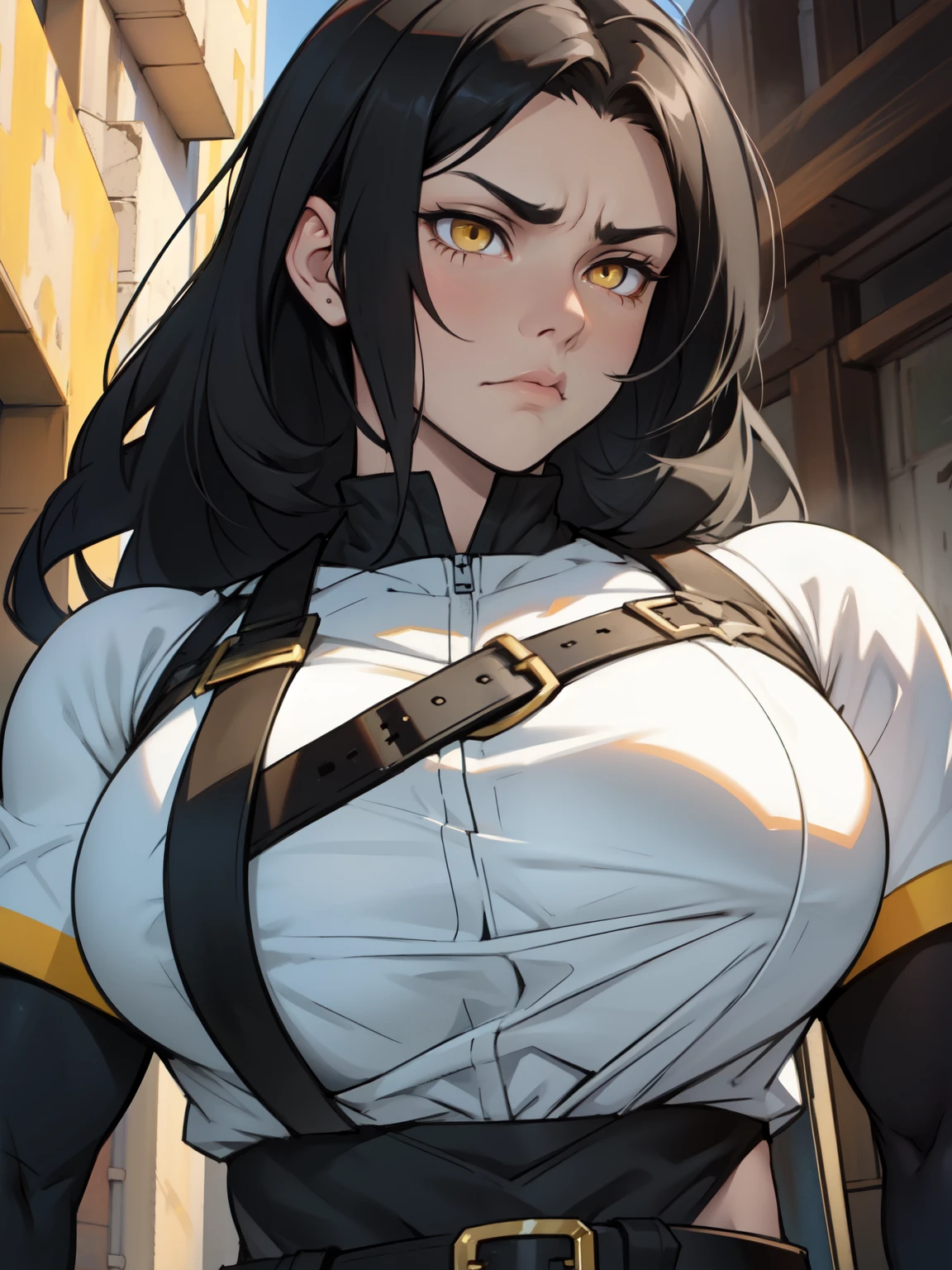 huge breasts huge muscles muscular girl black hair yellow eyes pale skin cocky smug confident expression smug confident expression silk black dress