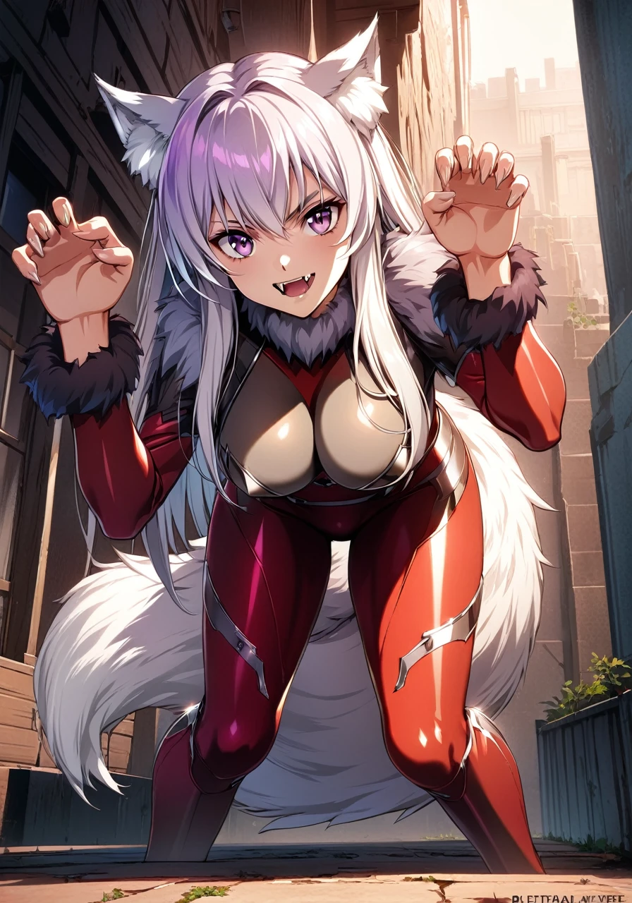 best quality, masterprice, 1girl, (solo:1.1), raytracing, ultra detailed,detailed face, 8k wallpaper, large breasts, smile, wide hips, outdoor, standing, outdoor,  DeltaNDV, long hair, animal ears, purple eyes, bangs, wolf ears, looking at viewer, wolf tail, bodysuit, tight clothes, stomach, from front, (fangs, bent over, fight pose, on all fours:1.3),