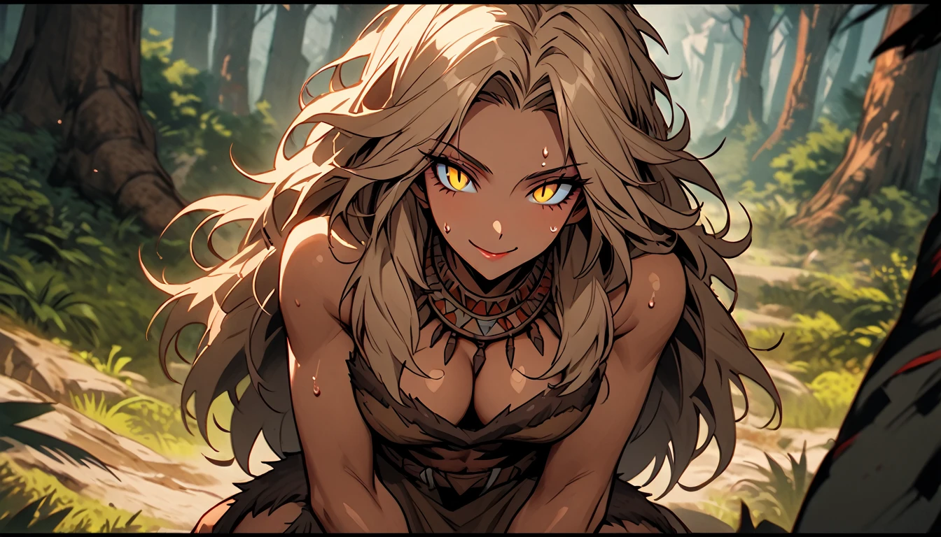 solo, woman, very tall, broad shoulders, muscular, bulky body, long hair, cavewoman, prehistoric, large claws, large breasts, forest, smile, toned, abs, curvaceous, close up, slit pupils, yellow eyes, barbarian, pelt clothes, leather, satisfied, tribal ornaments, light brown hair, beckoning pose, after hunt, blood, squatting, tired, sweat, pov, from above