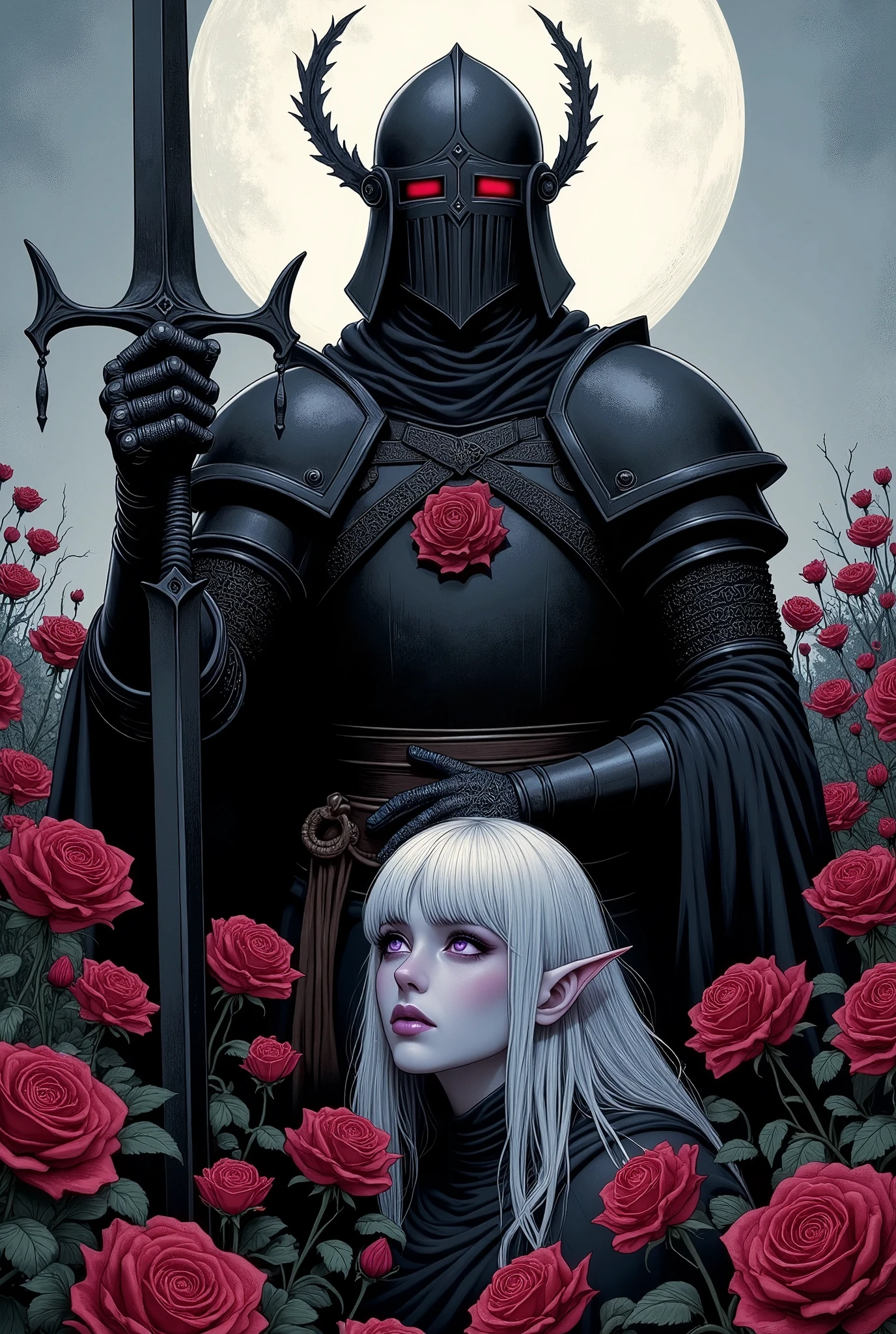 (Ultra-detailed face, Looking away, Fantasy Illustration with Gothic, Dark tone colors.), BREAK 
(A large knight, his entire body covered in black iron armor, grips the hilt of a large, tall sword propped up against the ground with both hands, looking up at the store in a disciplined manner and silently praying. In the background are black roses that fill the screen. A woman's profile is quietly buried among the black roses.), BREAK 
(A large knight wears jet-black armor with a red-rimmed black rose emblem on his chest and a torn and tattered cloak stained a dark red. On his head he wears a black horned helmet with a black feather ornament and rectangular holes only for the eyes. The eyes are dull glowing red. Her entire body emits an aura of red and black haze.), BREAK 
(Lying amidst black roses is a human female of young age with platinum blonde hair and eyebrows, long curly messy hair, small pink lips, translucent white skin, lavender eyes, and long eyelashes.), BREAK 
(This is a medieval European-style world where magic exists. A time of warfare. A very sad story of a knight of the rose and his wife.)