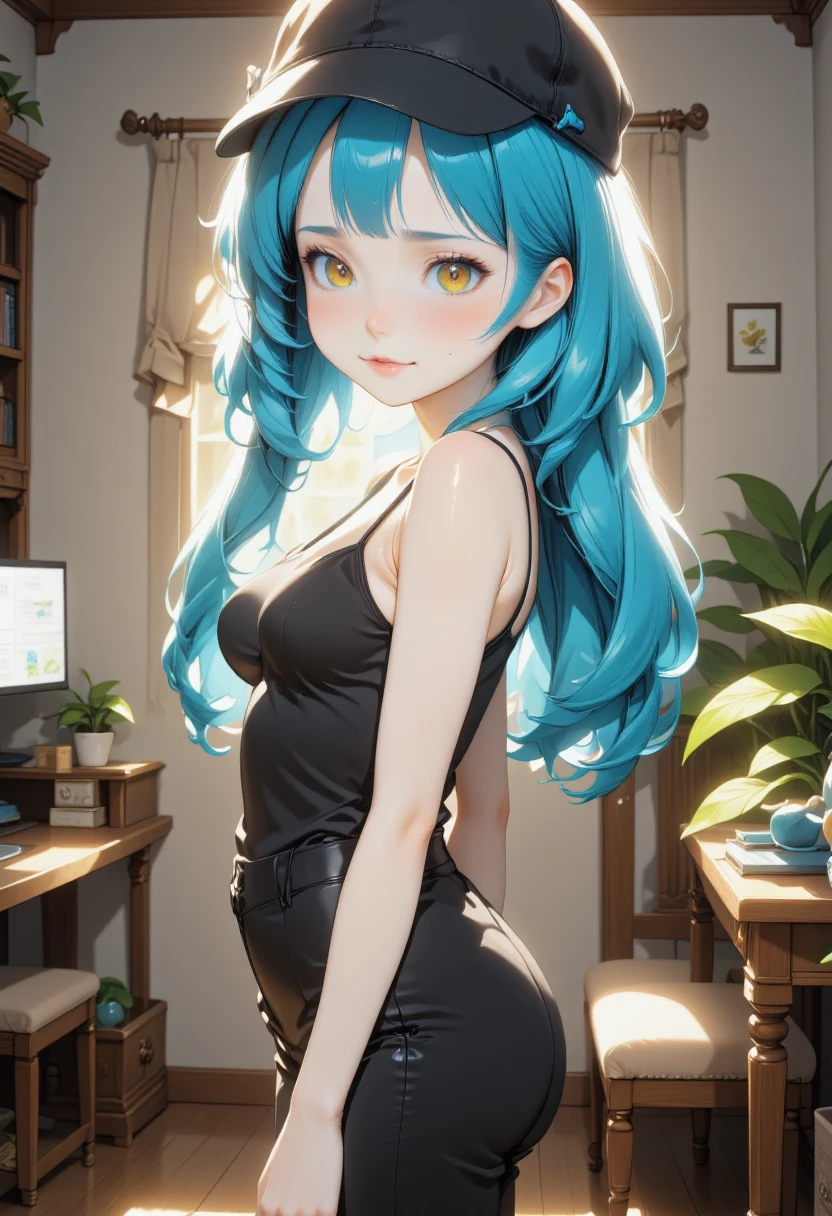 1girl, underboob cutout, high-waist skirt, large breasts, cleavage, cyan hair, brown eyes, looking at viewer, female focus, cowboy shot, incredibly absurdres, beauty filter, otaku room, smart watch, black cap