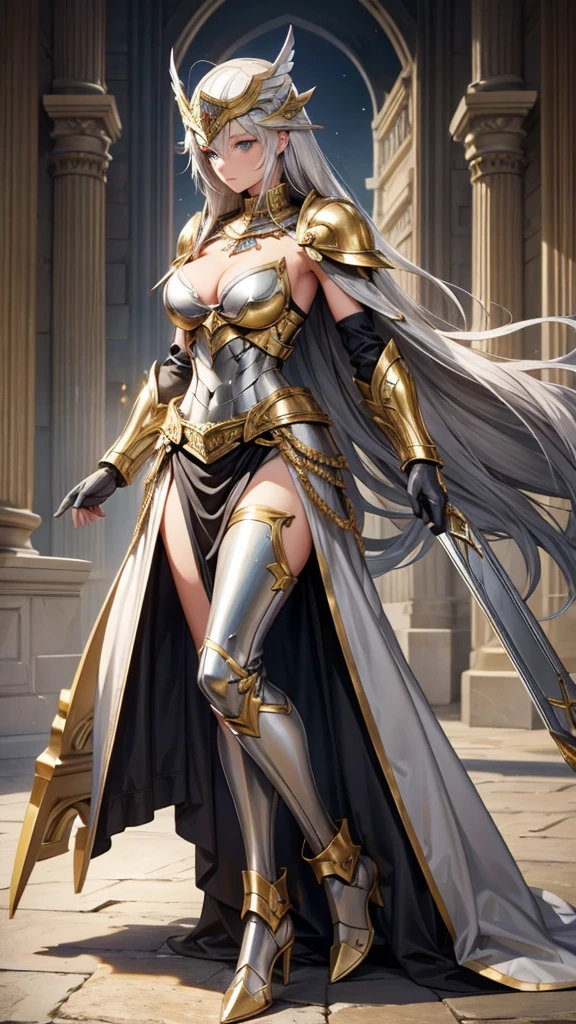 ((Best quality at best)), ((tmasterpiece)), (Detailed pubic hair), s the perfect face,She has a goddess-like face, delicate skin, perfect body, rich details, gold helmet, silver armor, and gold-plated aegis, just like a female warrior; purple-red cloak, golden eagle-winged helmet, and a majestic look; a gray owl is perched on her over his shoulder, gazing wisely over the battlefield. Brandishing a spear and shield, the spear point is pointed downward, ready to be thrown forward; his legs are covered with golden leggings in the shape of an "8", his feet are firmly planted, and he is looking into the distance.