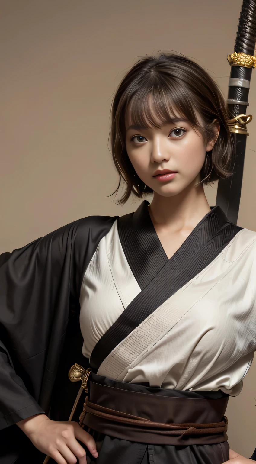 1girl, solo, japanese clothes, short hair, weapon, sword, brown eyes, looking at viewer, kimono, brown hair, lips, hand on hip, sheath, smile, katana, black hair, upper body, closed mouth, sheathed, hand up