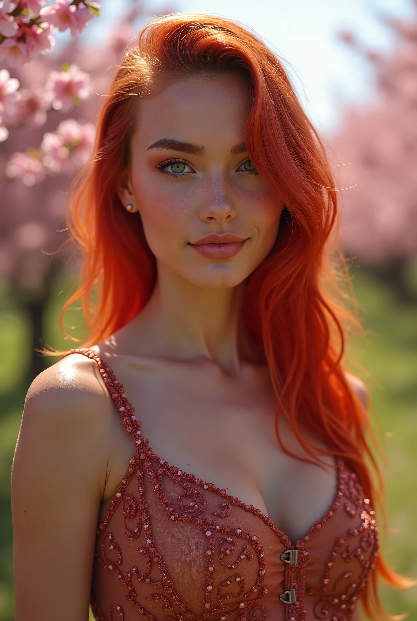 In this captivating scene, a vivacious girl with vibrant, colourful hair stands amidst a lush garden filled with exotic flowers. Her sexy outfit accentuates her slender, hourglass body and ample breasts, drawing attention to her enticing charm. With eyes that sparkle in the sunlight and lips painted a deep red, she radiates irresistible charm and sensuality. The garden, meticulously rendered with hyper-realistic detail, showcases the intricate textures of petals and leaves, while the vibrant colours add a touch of surrealism. Captured in stunning 8K resolution, every nuance is visible, from the strands of her hair to the lines of her face. Inspired by Russ Meyer's iconic films, the scene combines retro and modern elements, with colour gradation that heightens the excitement and sensuality. Soft lighting bathes her face in a warm glow, adding depth and dimension to the image. This (Hyper Realistic:1.5) (Masterpiece:1.5) promises a stunning visual experience, combining the finest materials and techniques to ignite the senses.
Translated with DeepL.com (free version)