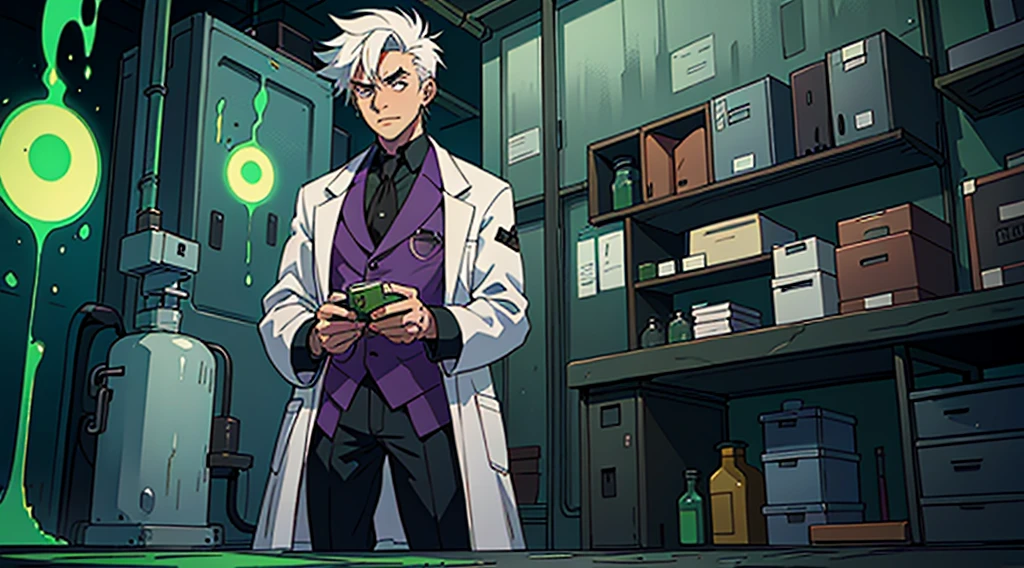 A realistic animated style concept art illustration of a mad scientist in a modern laboratory. The scientist is holding potions in his hands, pouring them out. He is wearing a white lab coat and has spiky white hair standing up. The scene is highly detailed, with high quality and high saturation. The color palette includes green, purple, and black. The image is rendered in 8k resolution. Green-colored potions are spilled on the floor, creating a vivid contrast. The laboratory is dark, with a moody atmosphere, and the potions emit a glowing light, illuminating the surroundings.
