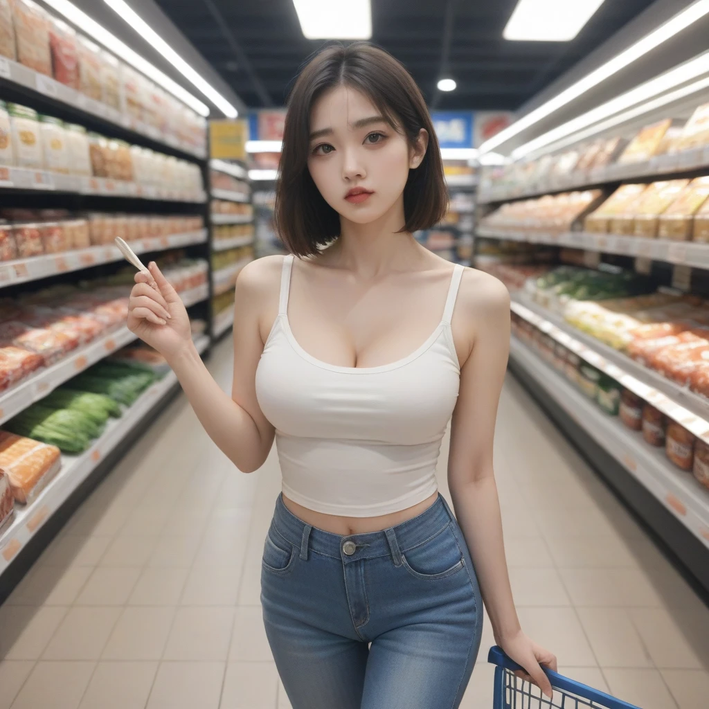 a middle age korean woman with a beautiful appearance in a grocery store at night, wearing a white tank top and blue skinny jeans, short blonde hair and brown eyes, frowning expression, holding a shopping cart, close-up detailed portrait, accurate anatomical details, textured skin, large breasts, slim waist and big hips, jewelry, blurry grocery store at night background, photorealistic, hyperrealism, best quality, 8k, highres, masterpiece, ultra-detailed, realistic