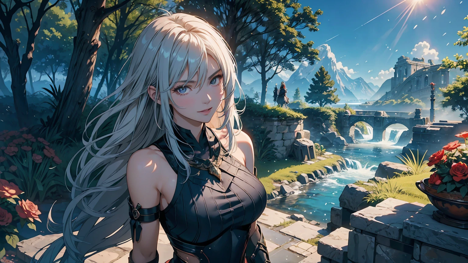 
Fantasy Anime Landscape Portrait: A high-resolution anime-style scene featuring a beautiful 22-year-old female warrior, confident and alone in a lush, open landscape. A striking warrior of goodness, her beauty and charm devoid of any trace of vulgarity. The only character represented in the image, depicted in an upright pose, either from the waist up or in full-body view, facing the viewer with a gentle smile and direct gaze. Long, flowing silver hair framing her face, bright eyes detailed and expressive, exuding strength and charm. Flawless, porcelain-smooth skin complementing delicate facial features, including a refined nose and soft, glossy lips.

An ultra-detailed illustration of a stunning supermodel-quality warrior, reminiscent of the elegance of Milla Jovovich. A captivating Fantasyland background, distant mountains, flowing rivers, and ancient ruins partially hidden by vibrant greenery. A dramatic sky with soft hues, creating vibrant contrast with the lush landscape. Detailed 8K resolution and HDR lighting highlighting her figure against the surroundings, high-contrast shadows adding depth.

Lightweight armor with intricate metal and leather details, showcasing her graceful form. Tattoos of red roses and ancient symbols adorning her arms, reflecting natural beauty and connection to the world around her. The scene capturing the warrior's enchanting appearance and rich details of her environment in an ultra-realistic, Genshin Impact-inspired anime style.

A perfect fantasy anime wallpaper enhanced by a beautiful sunny day in a coniferous forest, an enchanting atmosphere further enriched by soft anime tones and luminism, adding depth to the illustration. A three-dimensional sensation, showcasing the stunning warrior alone in a vast, open world filled with mountains, rivers, and ancient ruins, all captured with extreme detail and vibrant colors.