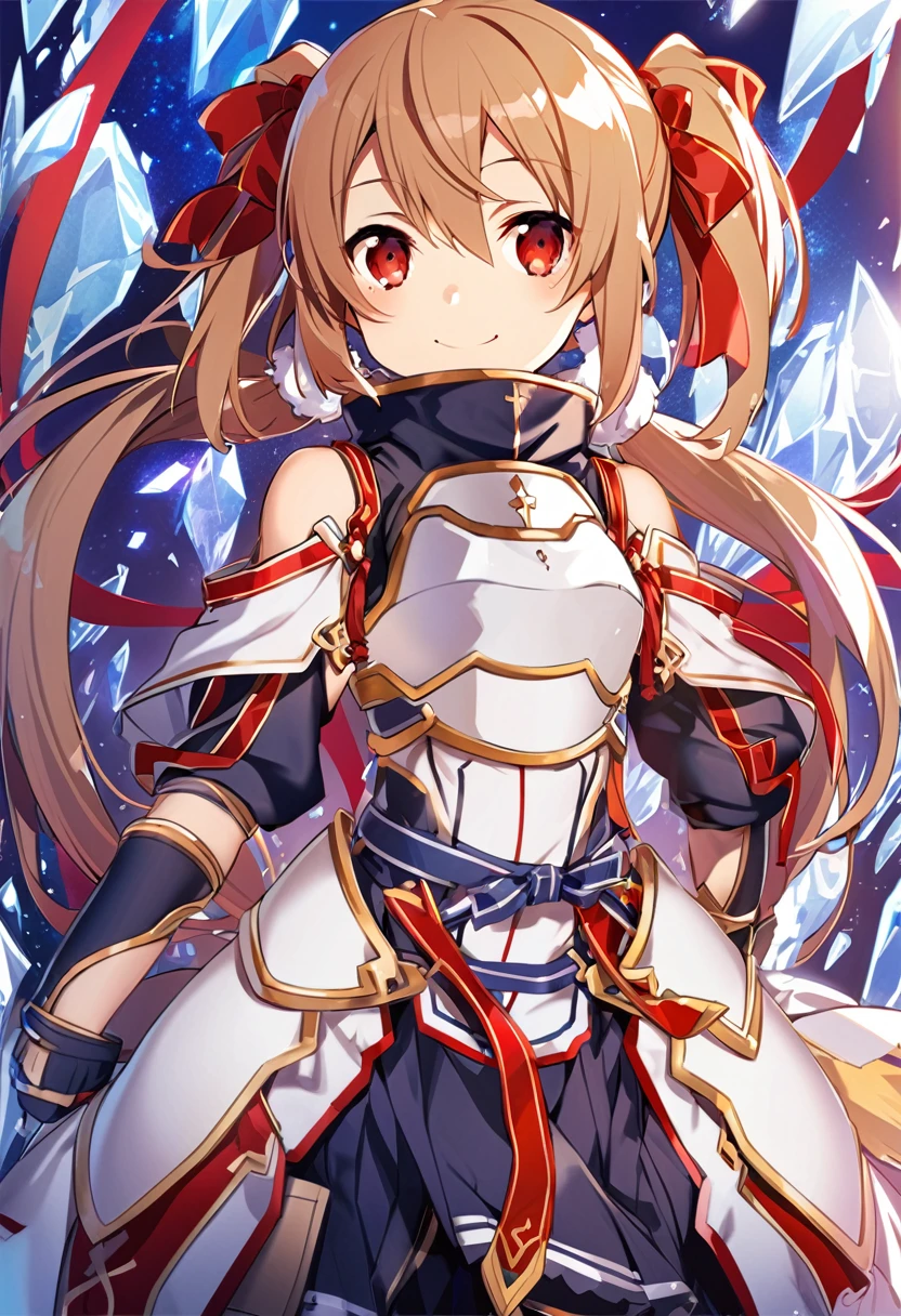 silica,  1 girl, Brown Hair,  medium hair, twin tails, armor, Red eyes, gloves, breastplate, short  twin tails,   fingerless gloves,  Shoulder , off  Shoulder , smile, ribbon, ice ,   hair bow,  red ribbon, Alone, 