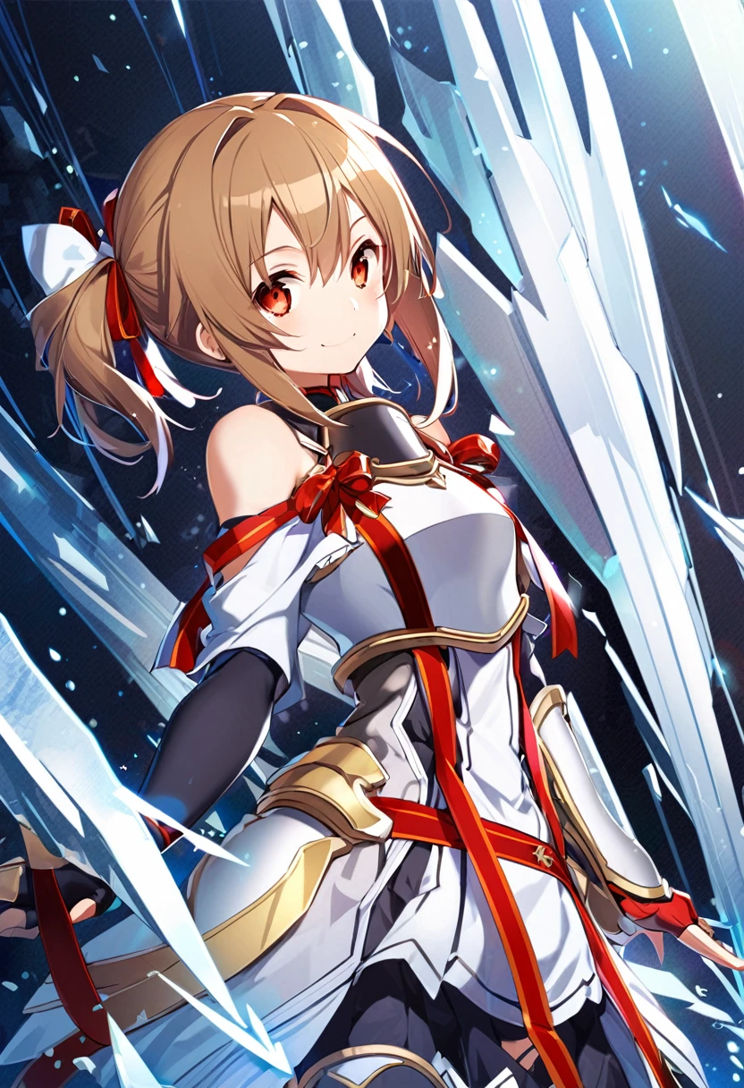 silica,  1 girl, Brown Hair,  medium hair, twin tails, armor, Red eyes, gloves, breastplate, short  twin tails,   fingerless gloves,  Shoulder , off  Shoulder , smile, ribbon, ice ,   hair bow,  red ribbon, Alone, 