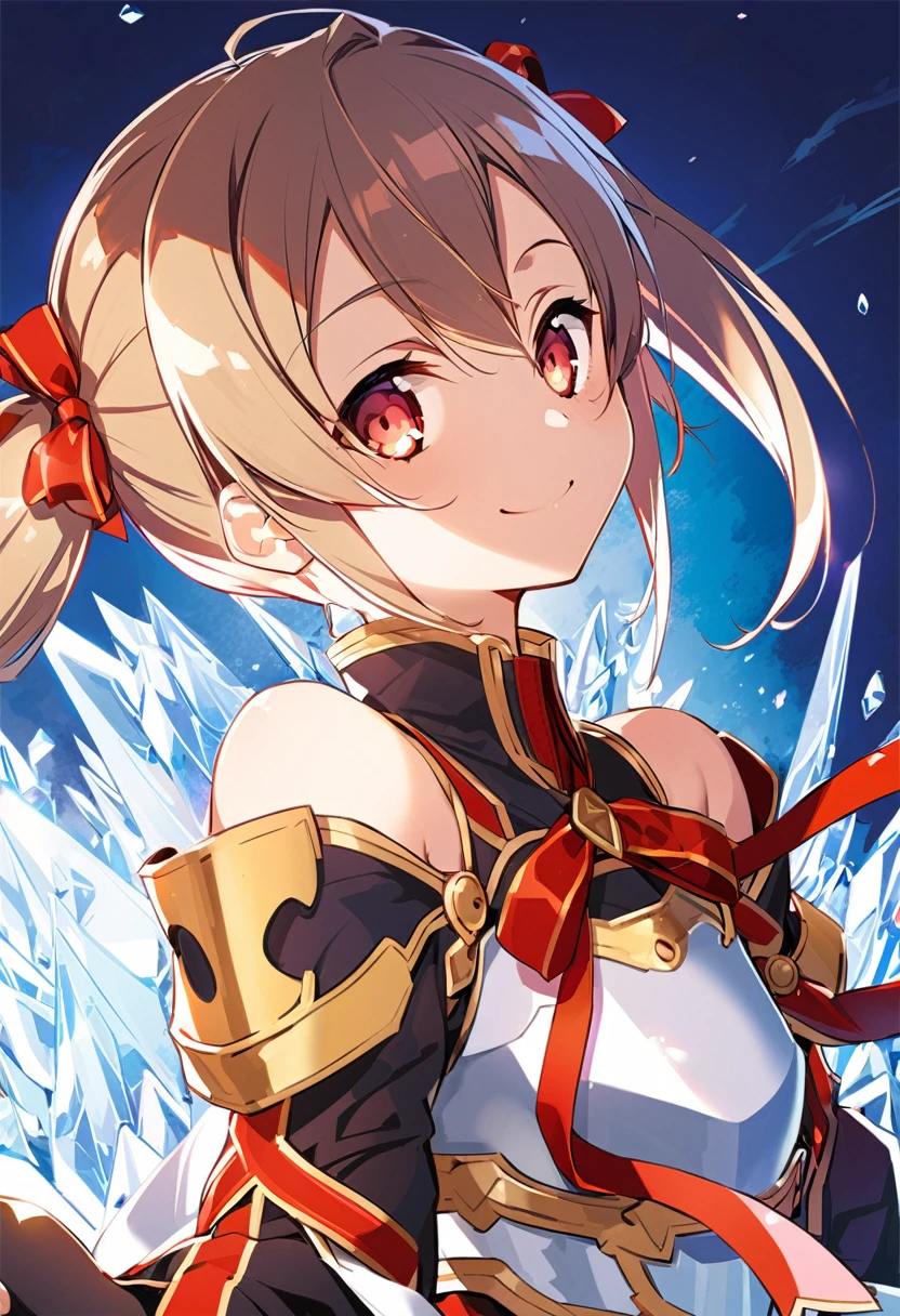 silica,  1 girl, Brown Hair,  medium hair, twin tails, armor, Red eyes, gloves, breastplate, short  twin tails,   fingerless gloves,  Shoulder , off  Shoulder , smile, ribbon, ice ,   hair bow,  red ribbon, Alone, 