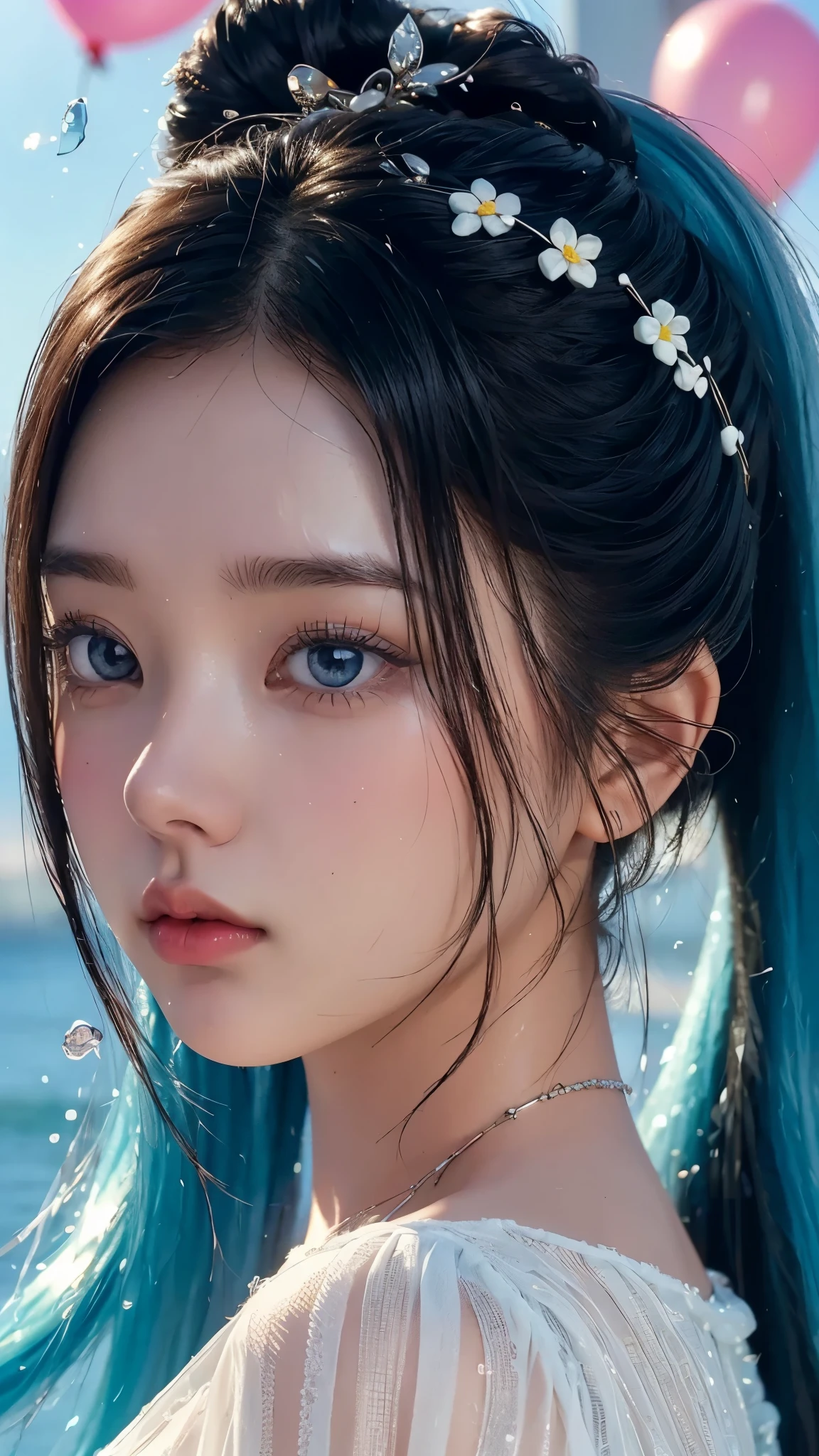 (masterpiece), (best quality), (ultra detailed),(disheed hair),(illustration), (1girl), (Fashionable clothing), standing, Fashion model, looking at viewer, (interview), (simple background), Beautiful detailed eyes, delicate beauty, floating, (high saturation), (colorful splash), colorful bubbles, (shine), focus on the face, ponytail, Ayaka Kamisato, light blue hair, bangs, scrunchies, floating flowers, flowing hair, (shiny), best lighting, best shadows, perfect hands