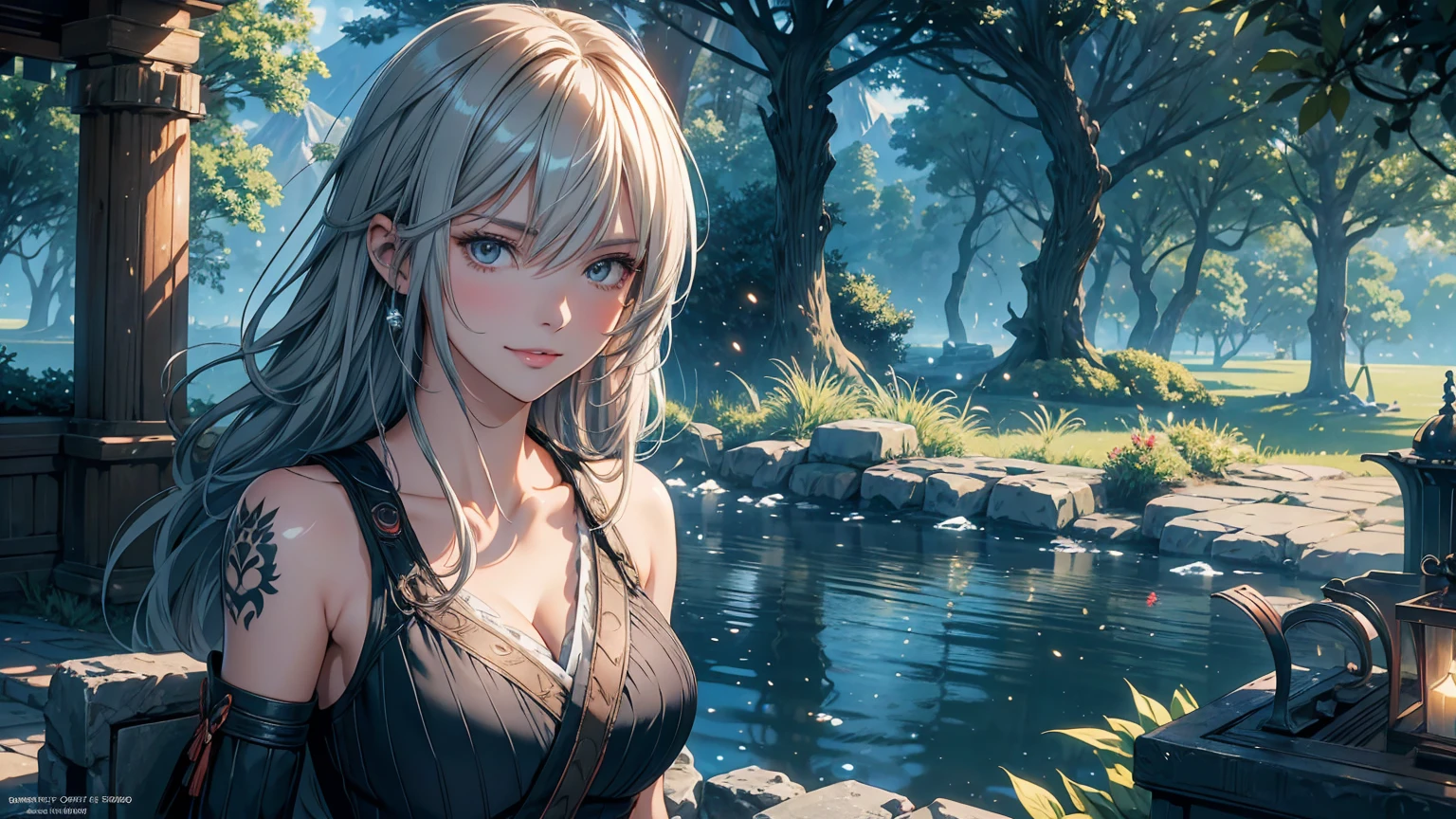 
Fantasy Anime Landscape Portrait: A high-resolution anime-style scene featuring a beautiful 22-year-old female warrior, confident and alone in a lush, open landscape. A striking warrior of goodness, her beauty and charm devoid of any trace of vulgarity. The only character represented in the image, depicted in an upright pose, either from the waist up or in full-body view, facing the viewer with a gentle smile and direct gaze. Long, flowing silver hair framing her face, bright eyes detailed and expressive, exuding strength and charm. Flawless, porcelain-smooth skin complementing delicate facial features, including a refined nose and soft, glossy lips.

An ultra-detailed illustration of a stunning supermodel-quality warrior, reminiscent of the elegance of Milla Jovovich. A captivating Fantasyland background, distant mountains, flowing rivers, and ancient ruins partially hidden by vibrant greenery. A dramatic sky with soft hues, creating vibrant contrast with the lush landscape. Detailed 8K resolution and HDR lighting highlighting her figure against the surroundings, high-contrast shadows adding depth.

Lightweight armor with intricate metal and leather details, showcasing her graceful form. Tattoos of red roses and ancient symbols adorning her arms, reflecting natural beauty and connection to the world around her. The scene capturing the warrior's enchanting appearance and rich details of her environment in an ultra-realistic, Genshin Impact-inspired anime style.

A perfect fantasy anime wallpaper enhanced by a beautiful sunny day in a coniferous forest, an enchanting atmosphere further enriched by soft anime tones and luminism, adding depth to the illustration. A three-dimensional sensation, showcasing the stunning warrior alone in a vast, open world filled with mountains, rivers, and ancient ruins, all captured with extreme detail and vibrant colors.