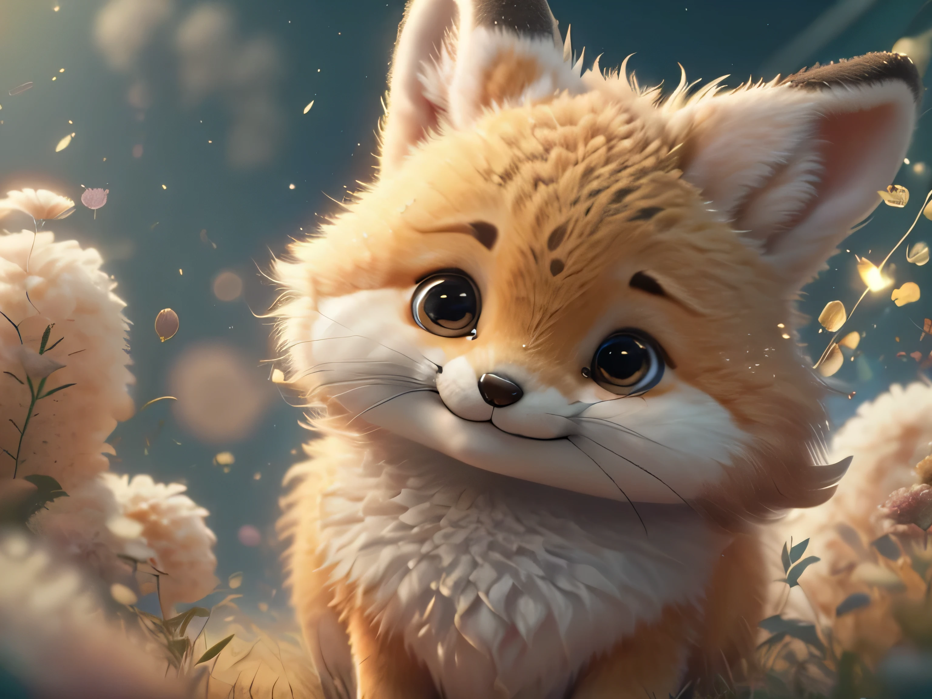 Magical Fantasy Creature, (Best Quality, Masterpiece, Representative Work, Official Art, Professional, Ultra Fine Detail, 8k:1.3), (Photorealism:1.2), Fox Spirit, Super Cute, Big Eyes, Soft, Delicate Nose, Fluffy, Two-Toothed Smile, Cute Fennec Fox Ghost, Realistic, Beautiful, Sparkling, Stars in Eyes, Star Pearl, Fox Lights, Soft Volumetric Light, (Backlight:1.3), (Cinematic:1.2), Intricate Details, (ArtStation:1.3), --auto --s2