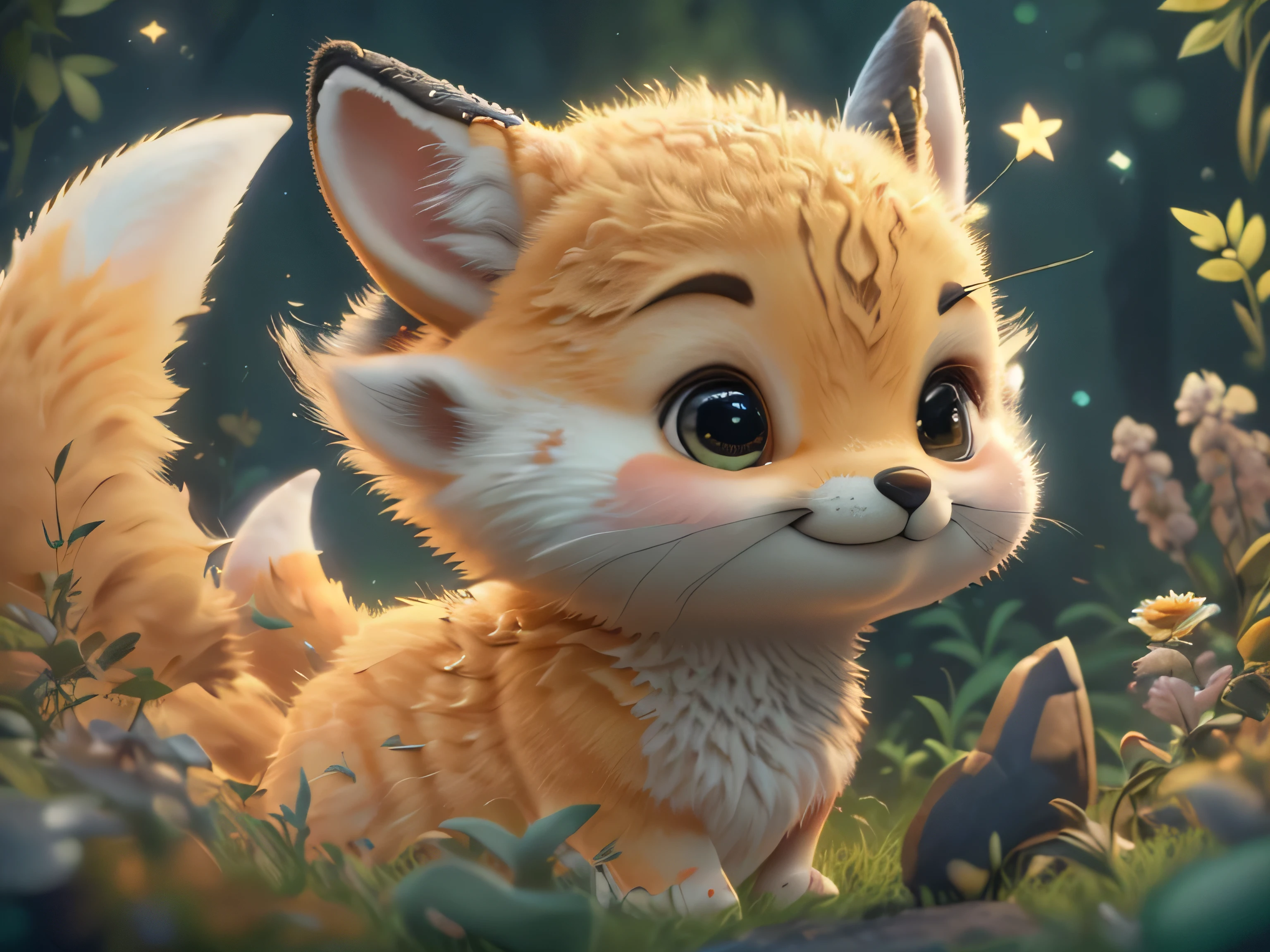 Magical Fantasy Creature, (Best Quality, Masterpiece, Representative Work, Official Art, Professional, Ultra Fine Detail, 8k:1.3), (Photorealism:1.2), Fox Spirit, Super Cute, Big Eyes, Soft, Delicate Nose, Fluffy, Two-Toothed Smile, Cute Fennec Fox Ghost, Realistic, Beautiful, Sparkling, Stars in Eyes, Star Pearl, Fox Lights, Soft Volumetric Light, (Backlight:1.3), (Cinematic:1.2), Intricate Details, (ArtStation:1.3), --auto --s2